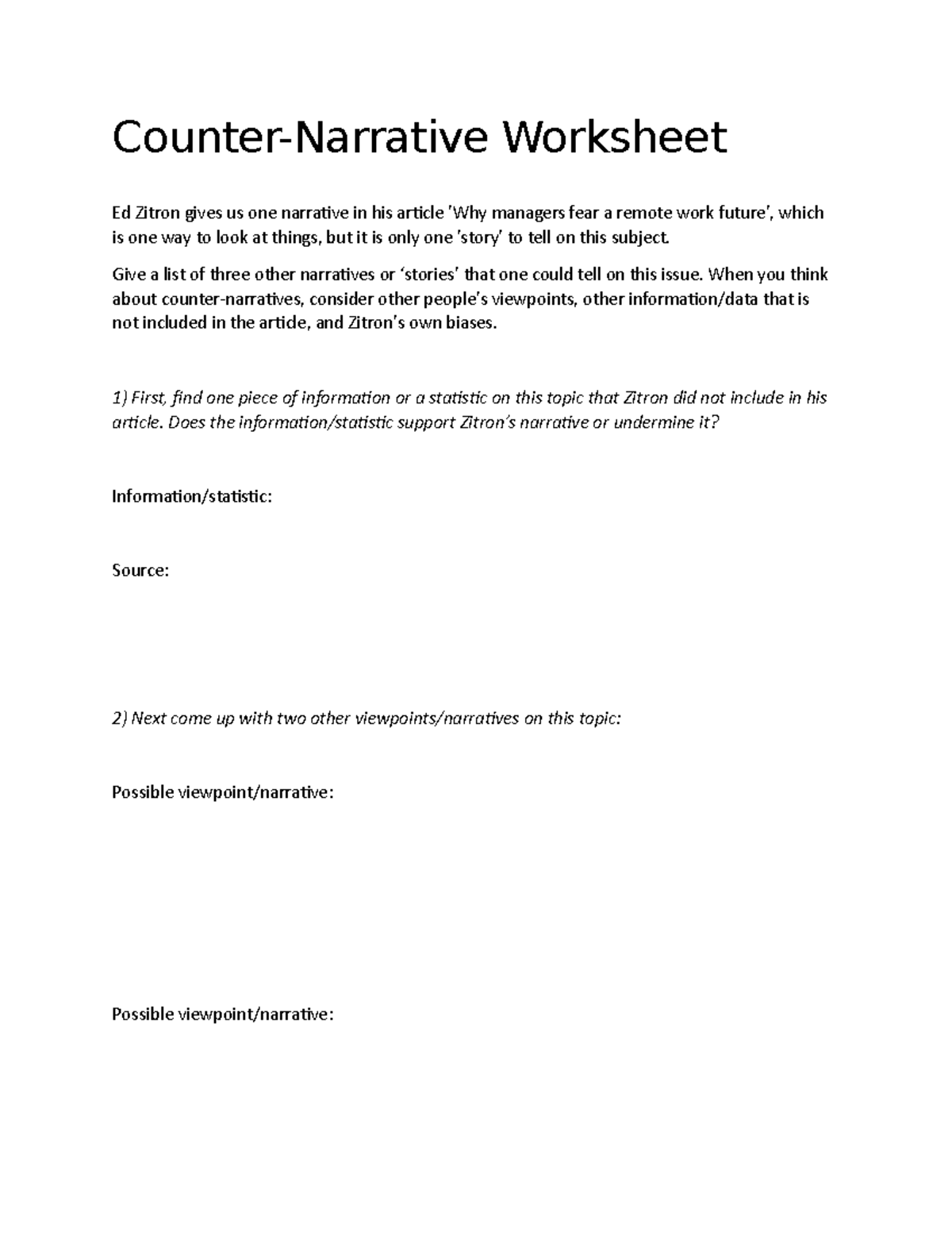 Counter-Narrative Worksheet From Comm Essentials - Counter-Narrative ...