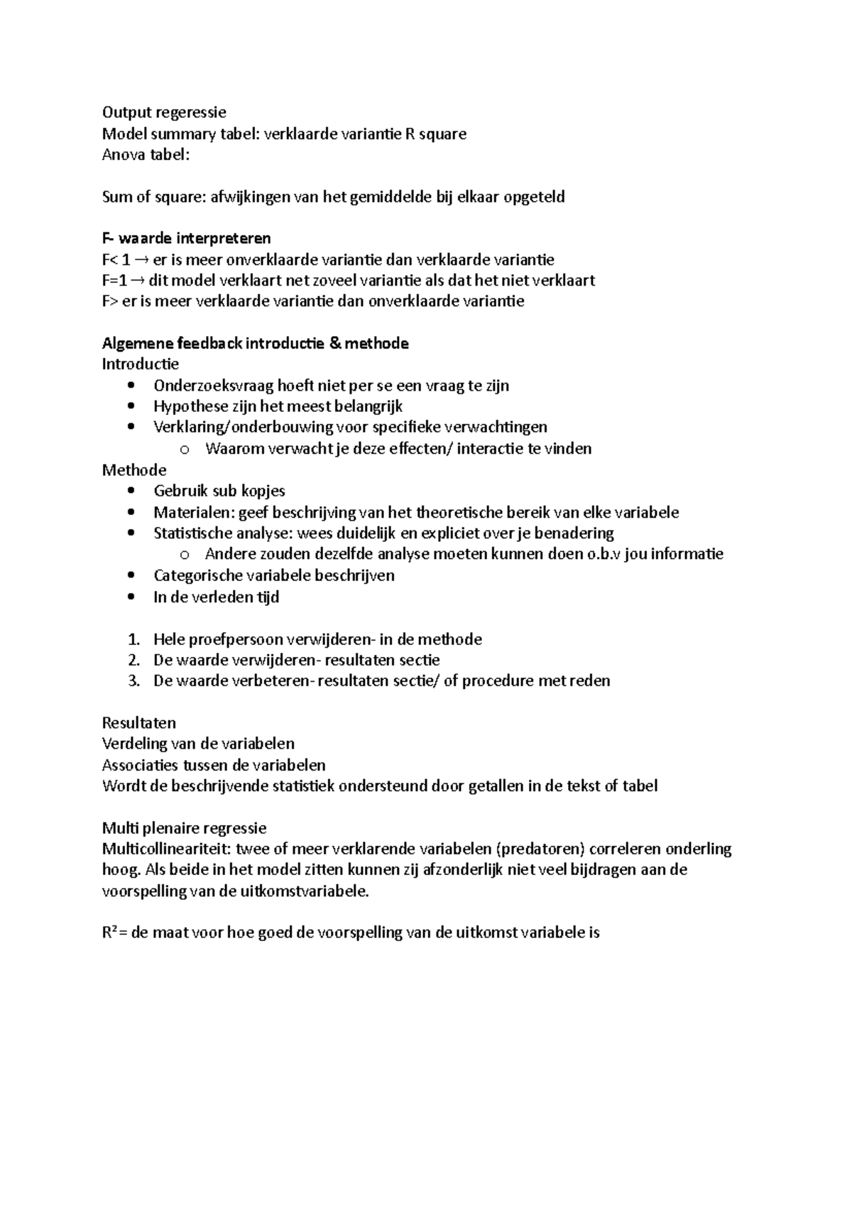 Statistiek Werkgroep 5 - Output Regeressie Model Summary Tabel 