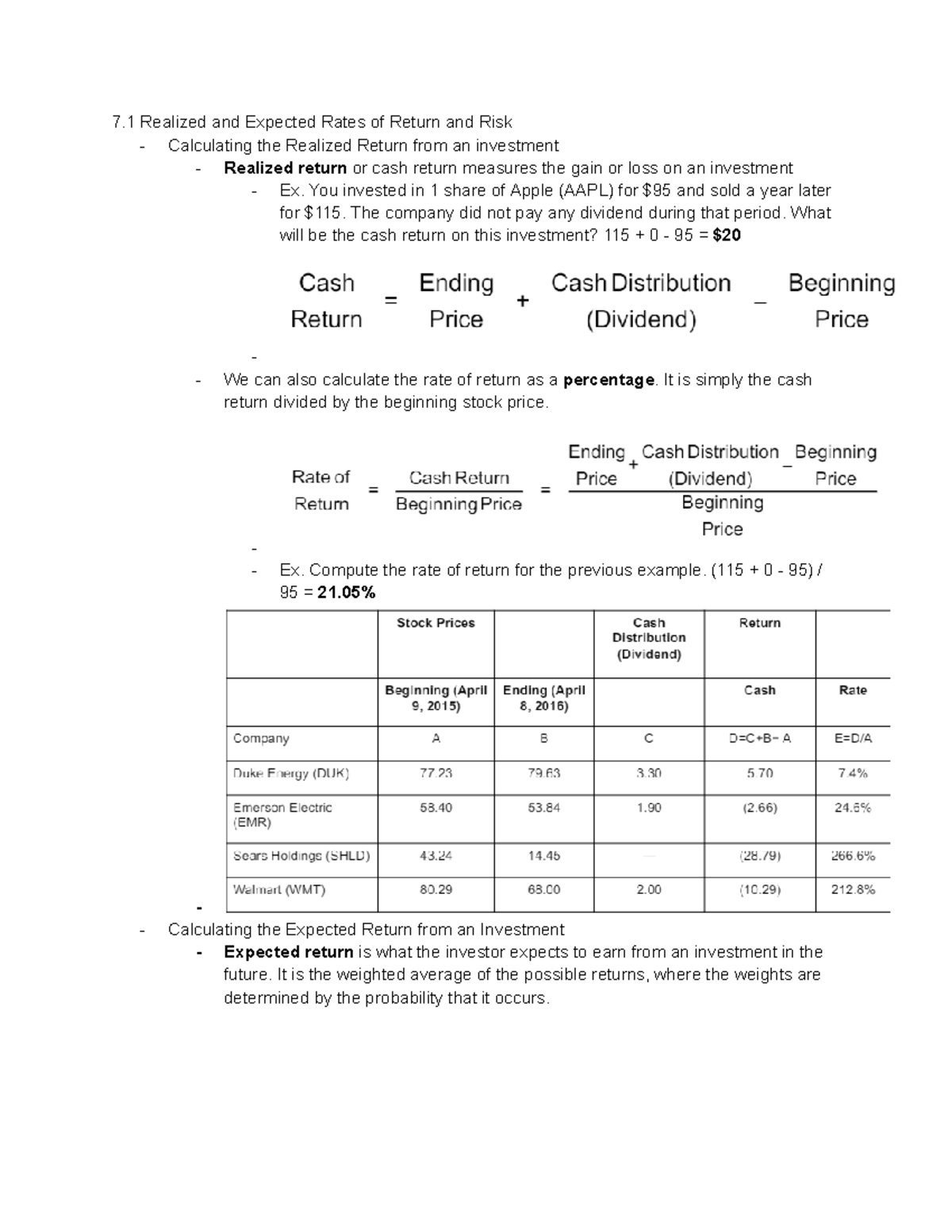 FIRE 311 Chapter 7 - 7 Realized and Expected Rates of Return and Risk ...