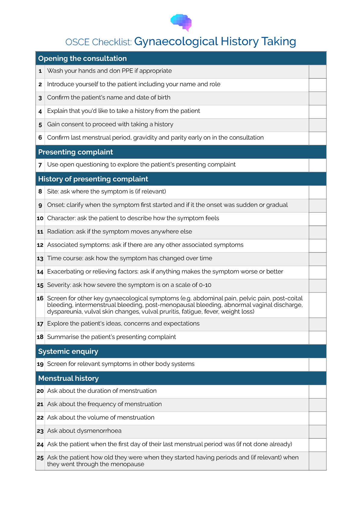 OSCE Checklist Gynaecological History Taking - Abdominal Pain, Pelvic ...