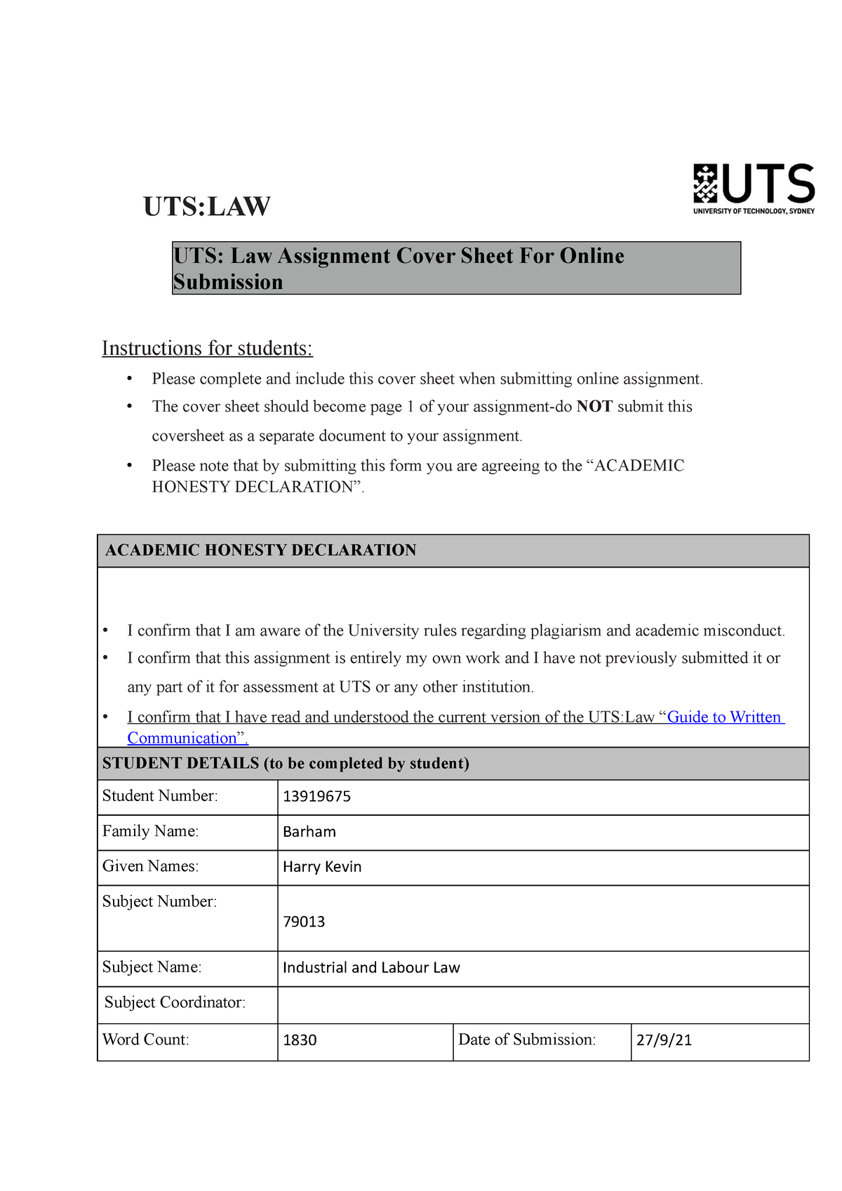 uts assignment cover sheet law