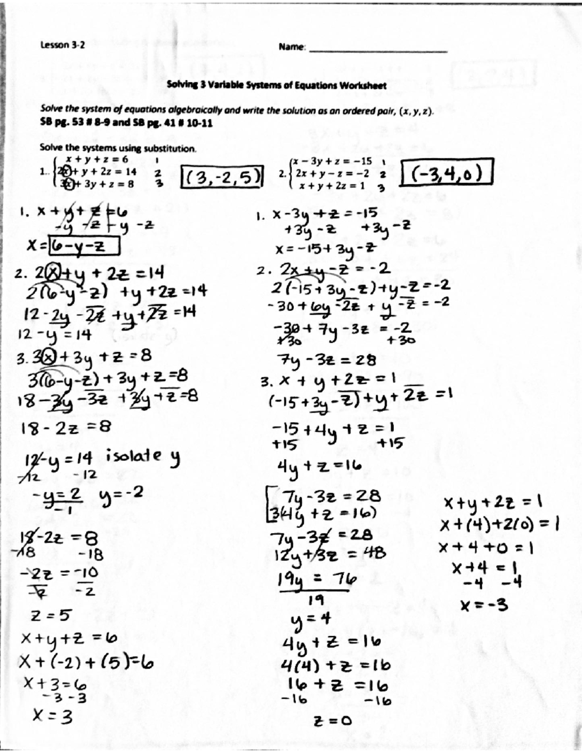 3-2 WS Key - These assignments are algebra 2 work but they have some ...