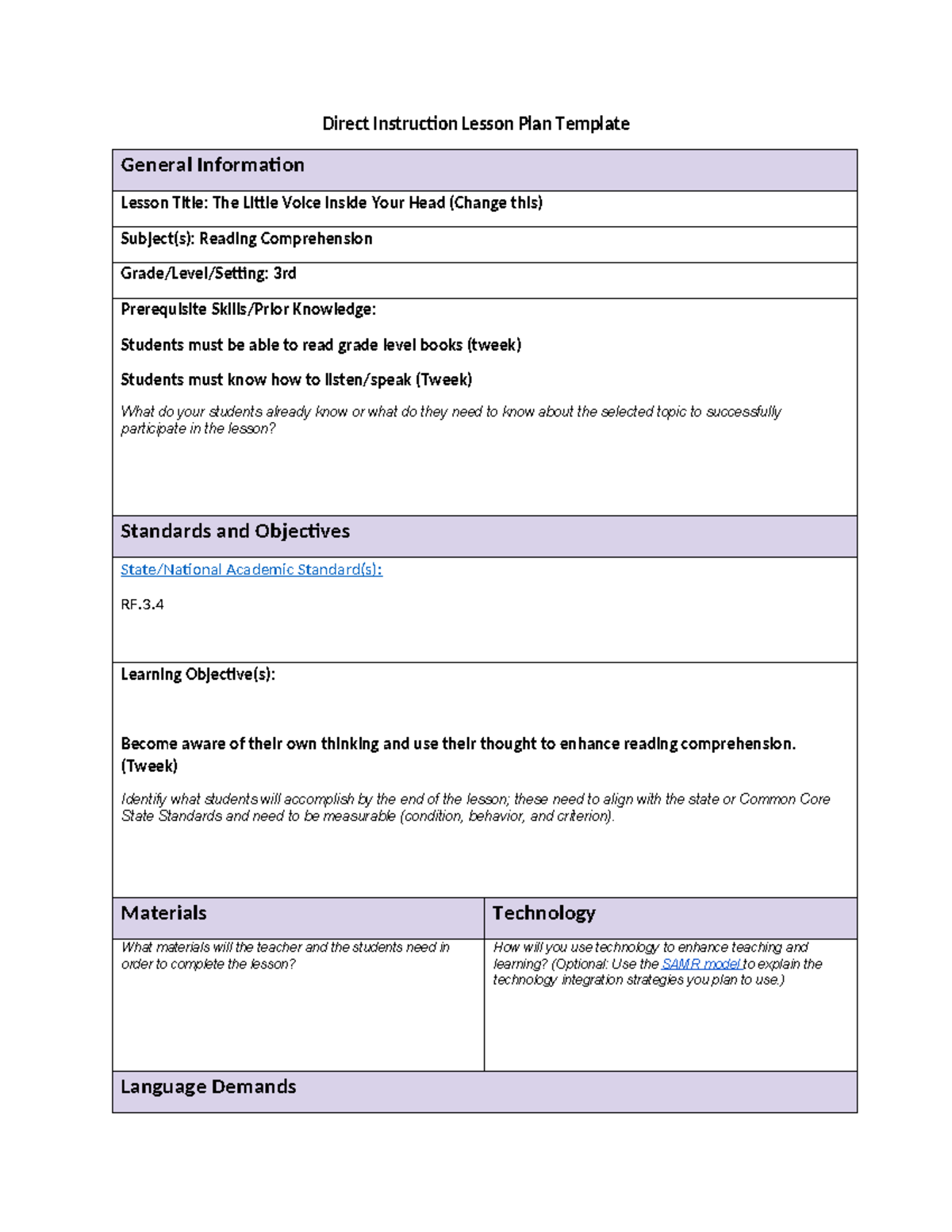 C909 Performance Lesson - Direct Instruction Lesson Plan Template ...