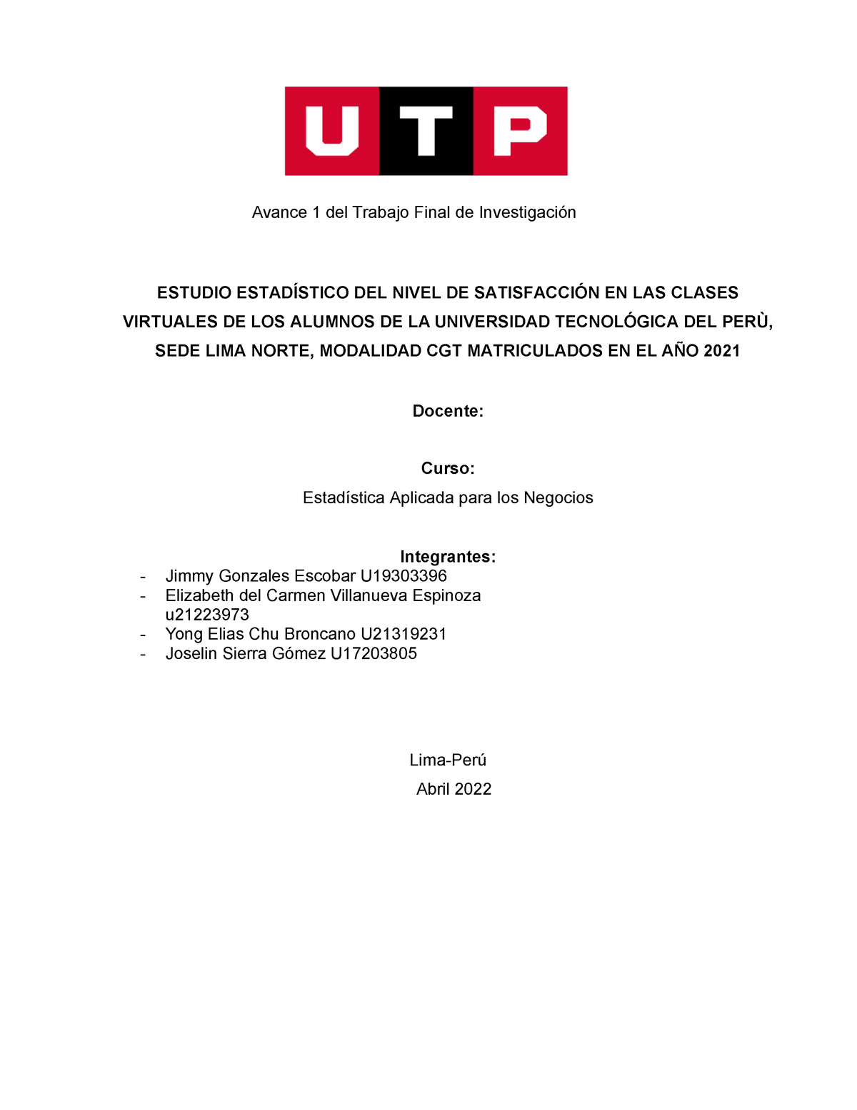 Avance 1 De Estadistica - Trabajo Final - Avance 1 Del Trabajo Final De ...