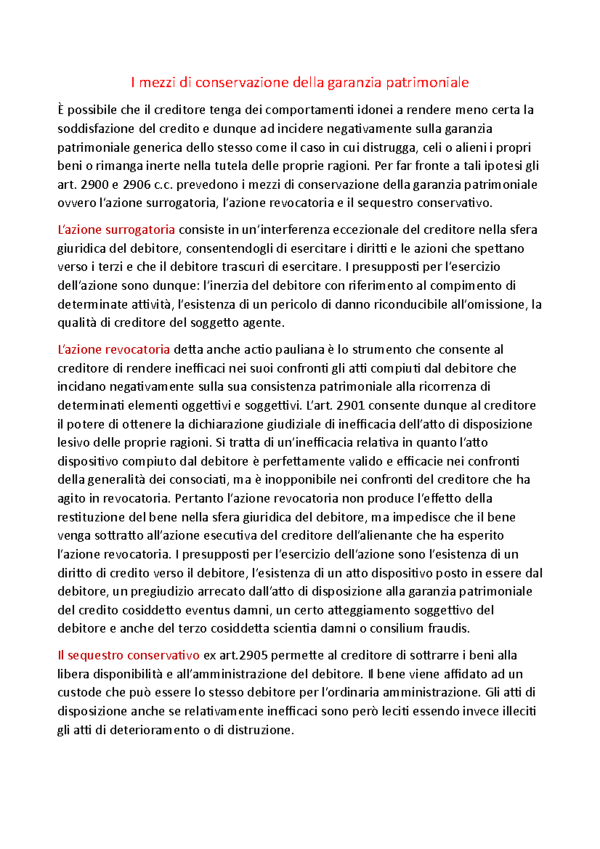 I mezzi di conservazione della garanzia patrimoniale Istituzioni Di StuDocu