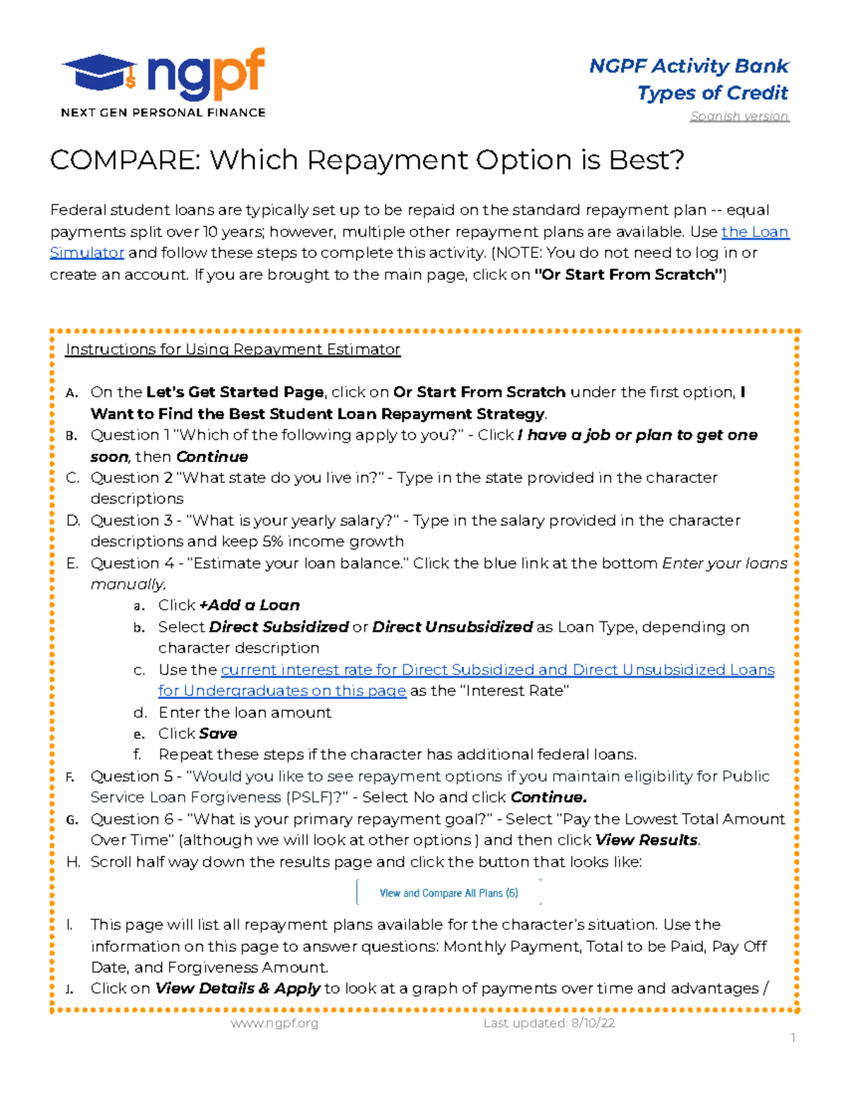 Compare Which Repayment Option is Best NGPF Activity Bank Types of