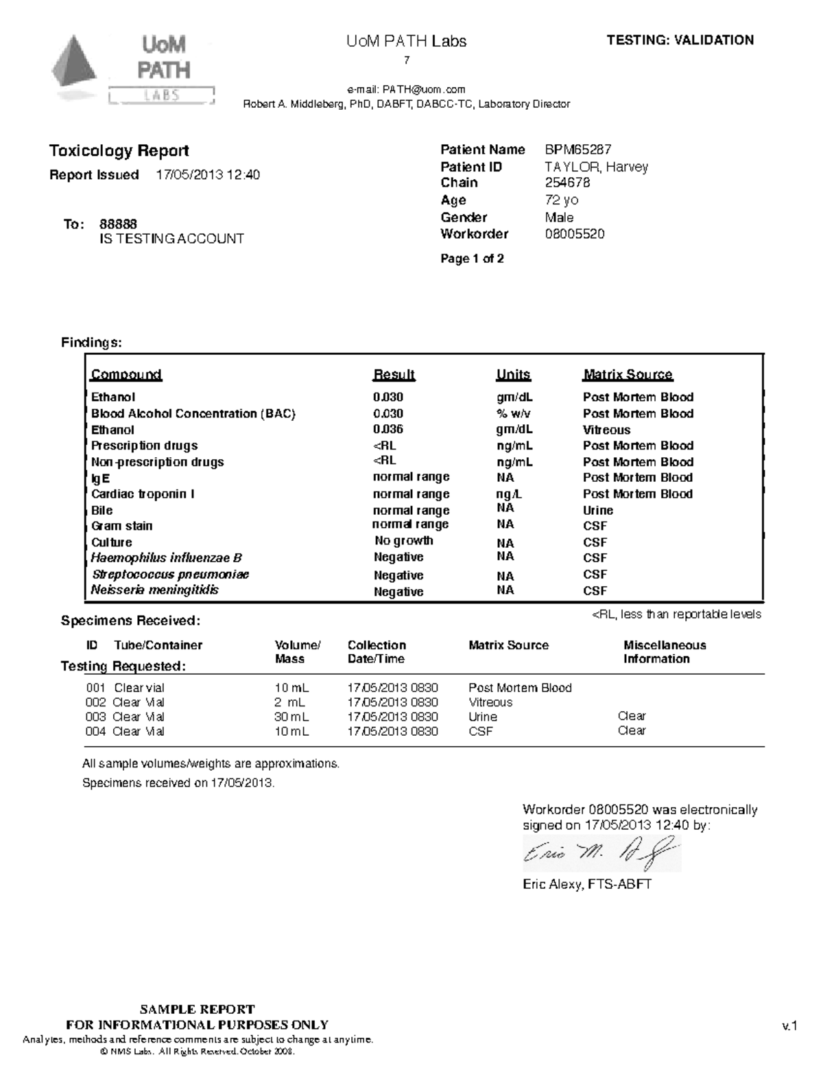 Harvey Taylor toxicology report - UoM PATH Labs 7 e-mail: PATH@uom ...