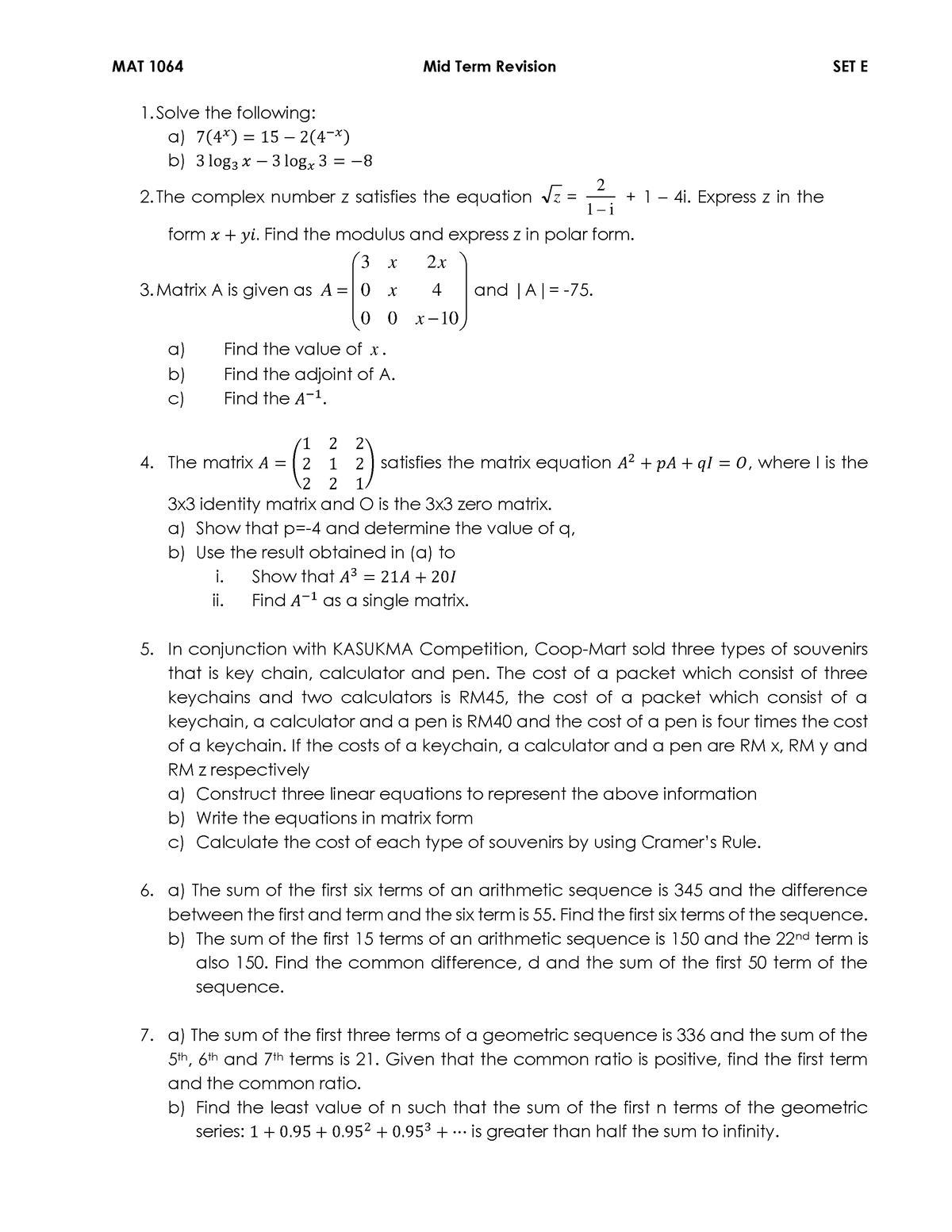 Revision Set E - nice - MAT 1064 Mid Term Revision SET E Solve the ...