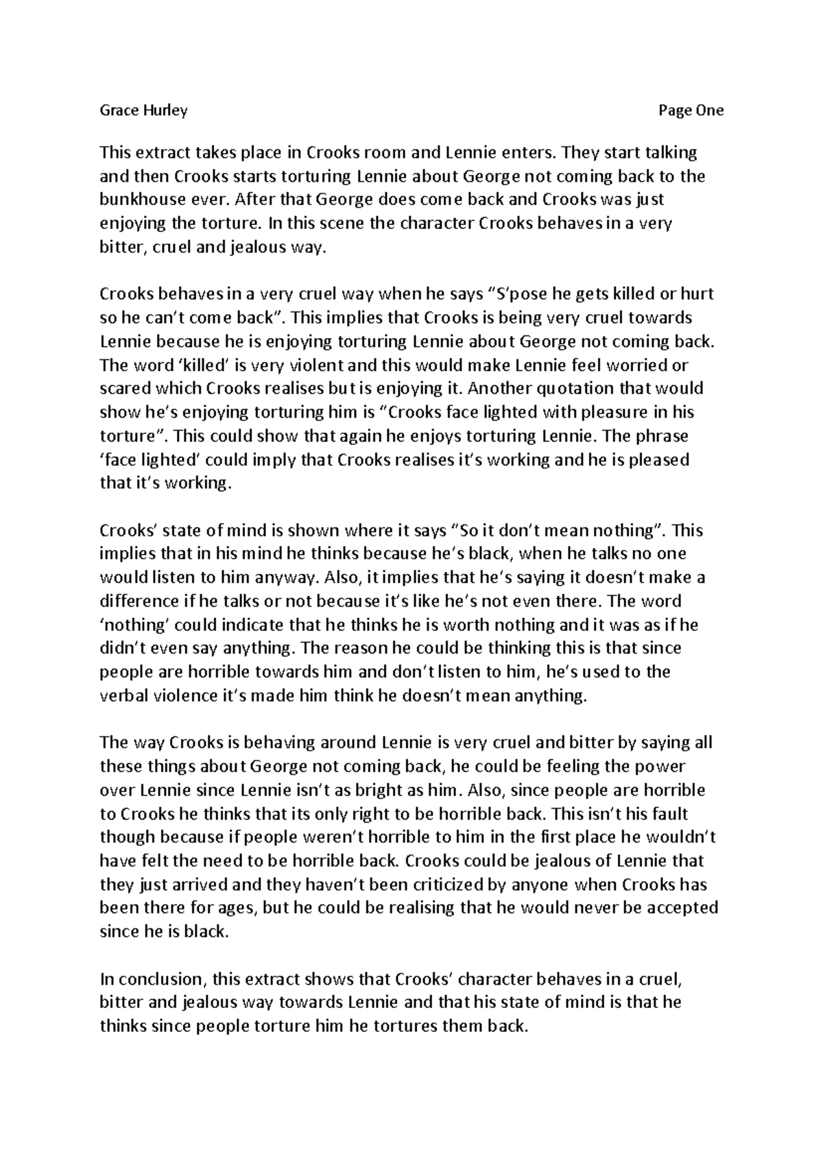 Crooks essay this is an assignment on the of mice of men book Grace