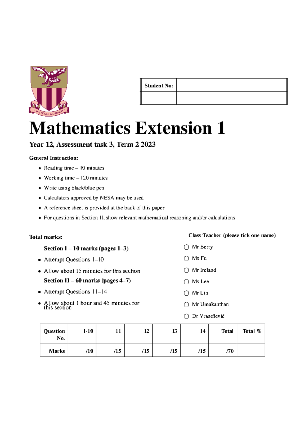 2023 North Sydney Boys High School - X1 - Trial - Questions - Student ...
