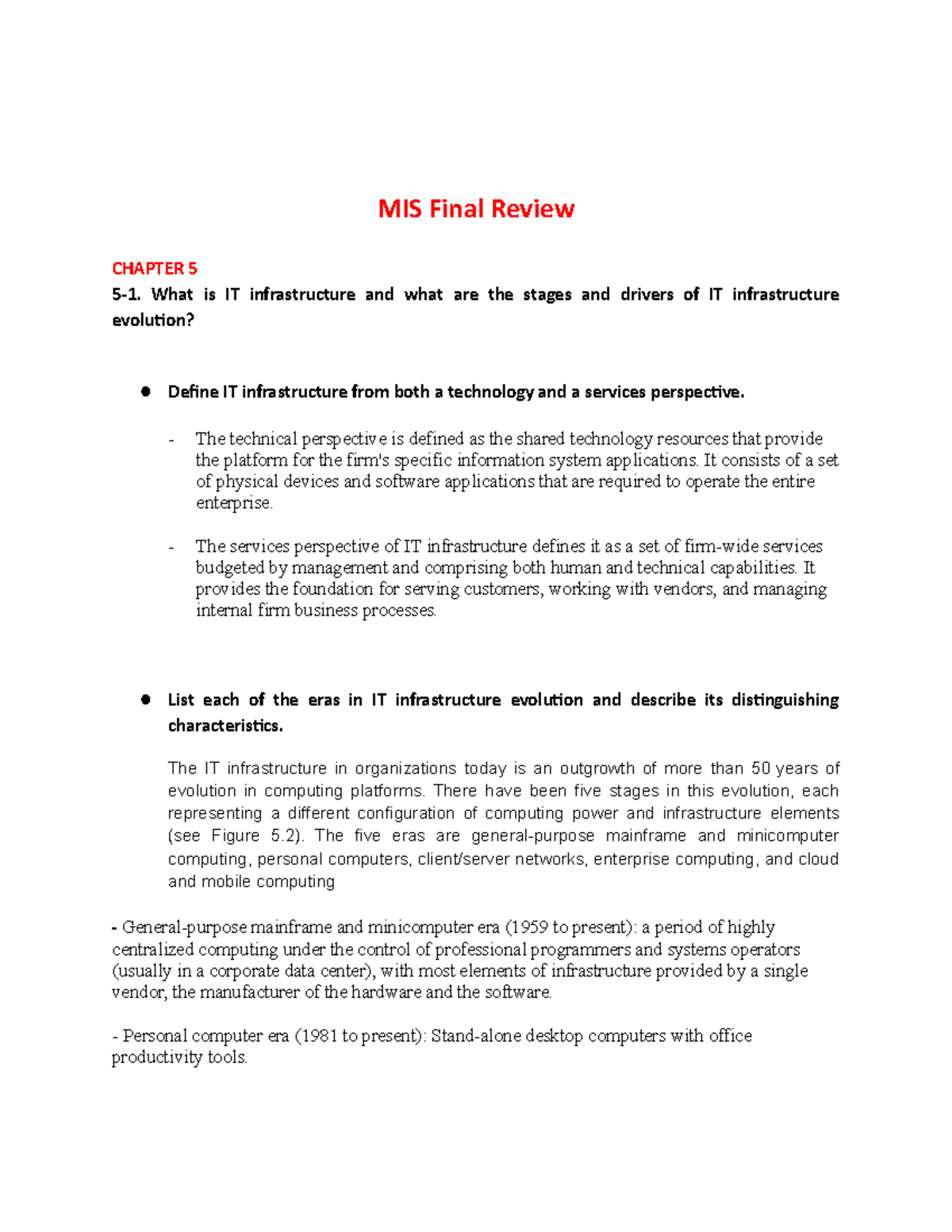 MIS Final Review102 - MIS Final Review CHAPTER 5 5-1. What is IT ...