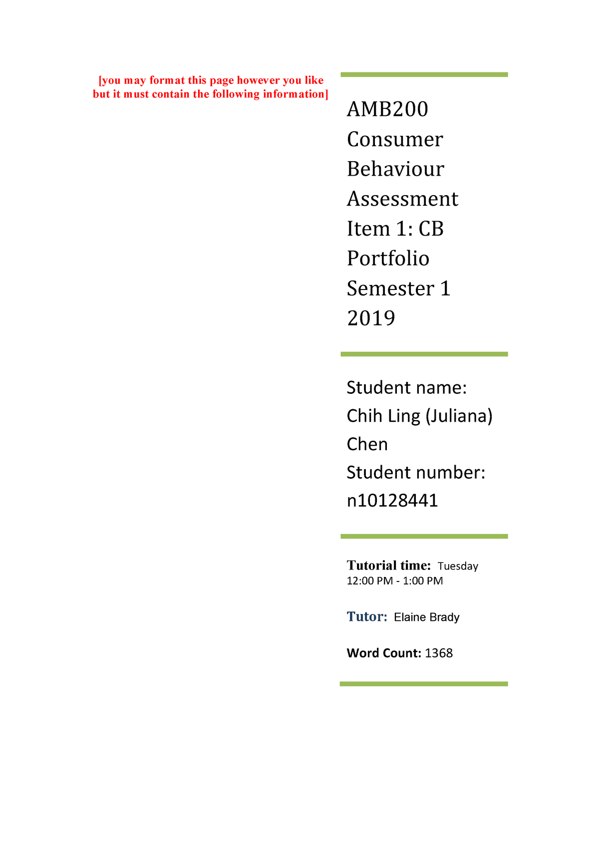 AMB200 Assignment 1 CB Portfolio - Template (incl CRA) Semester 1 2019 ...