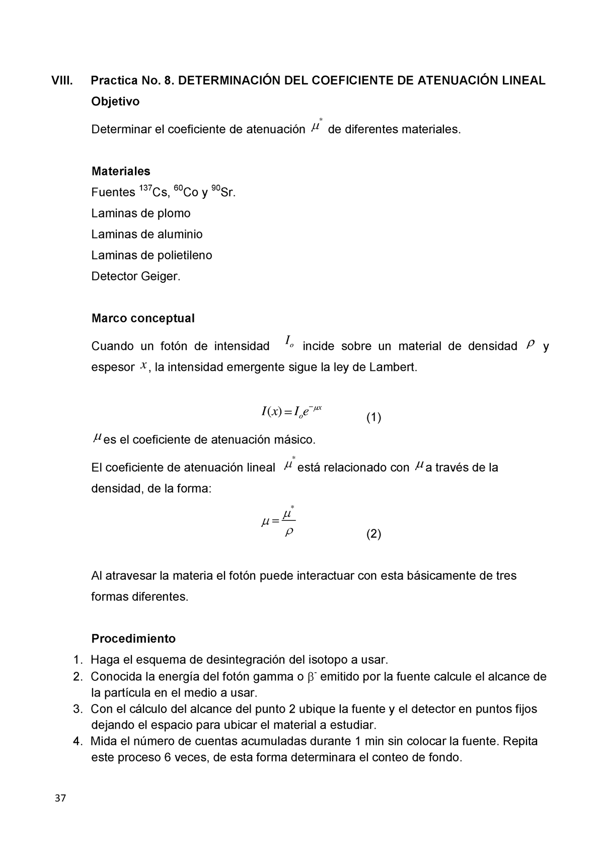 Coeficiente De Atenuación Lineal - VIII. Practica No. 8. DETERMINACIÓN ...