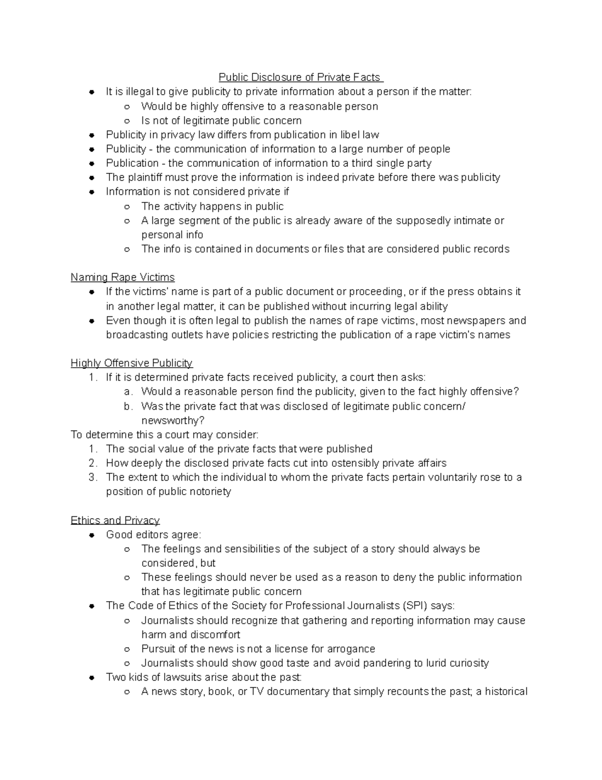 Chapter 8 - Lecture notes 8 - Public Disclosure of Private Facts It is ...