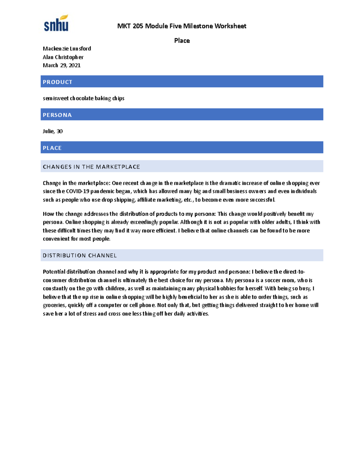 5-3+Milestone+Place - Milestone assignment - MKT 205 Module Five ...