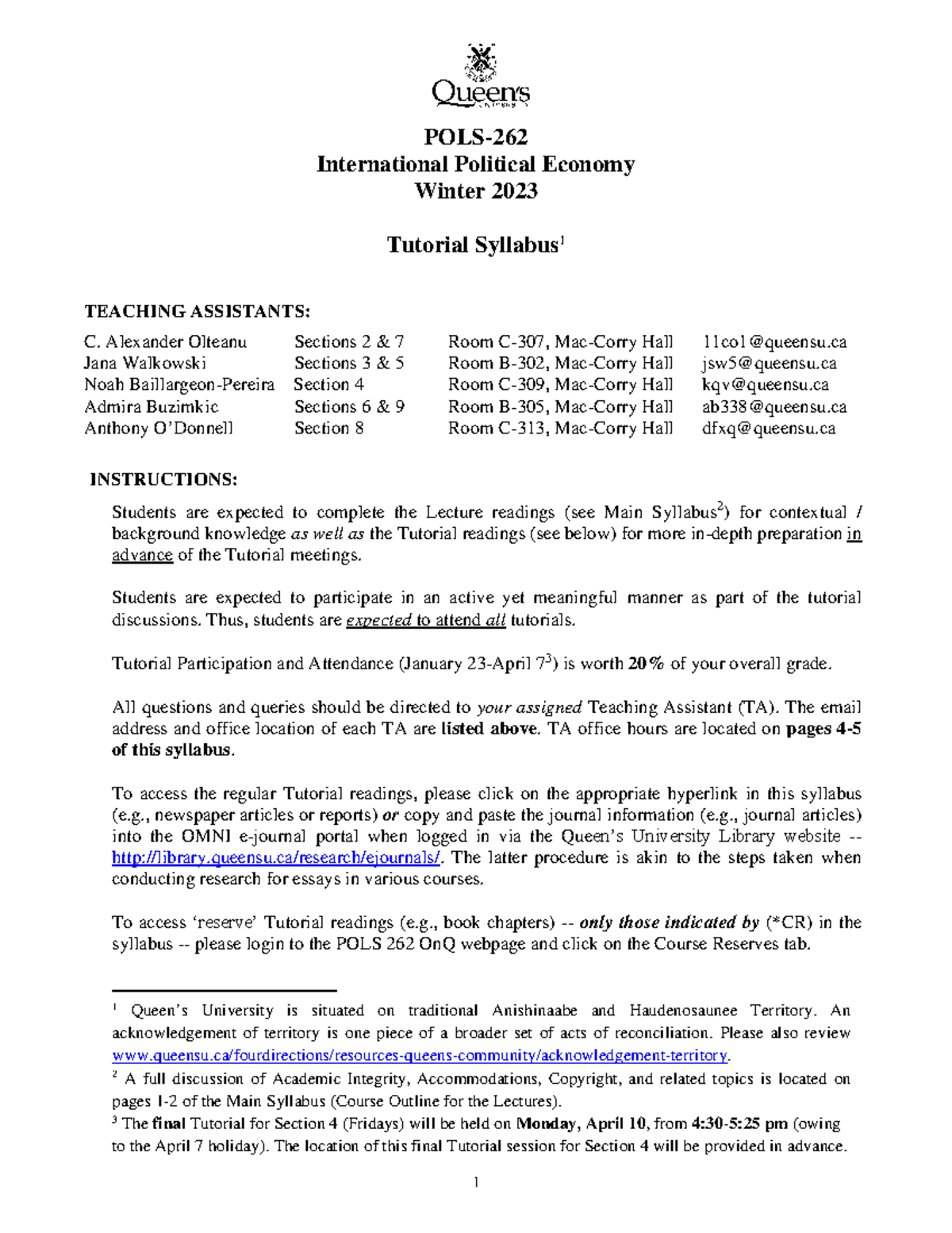 Tutorial course outline syllabus POLS 262 - Dr JA Grant - W2023 - POLS ...