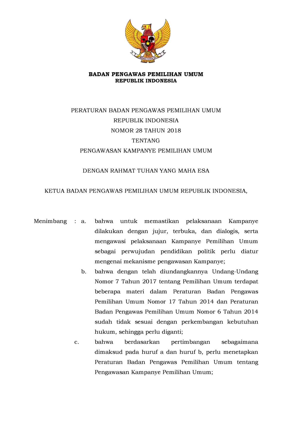 Peraturan Bawaslu Nomor 28 Tahun 2018 - BADAN PENGAWAS PEMILIHAN UMUM ...