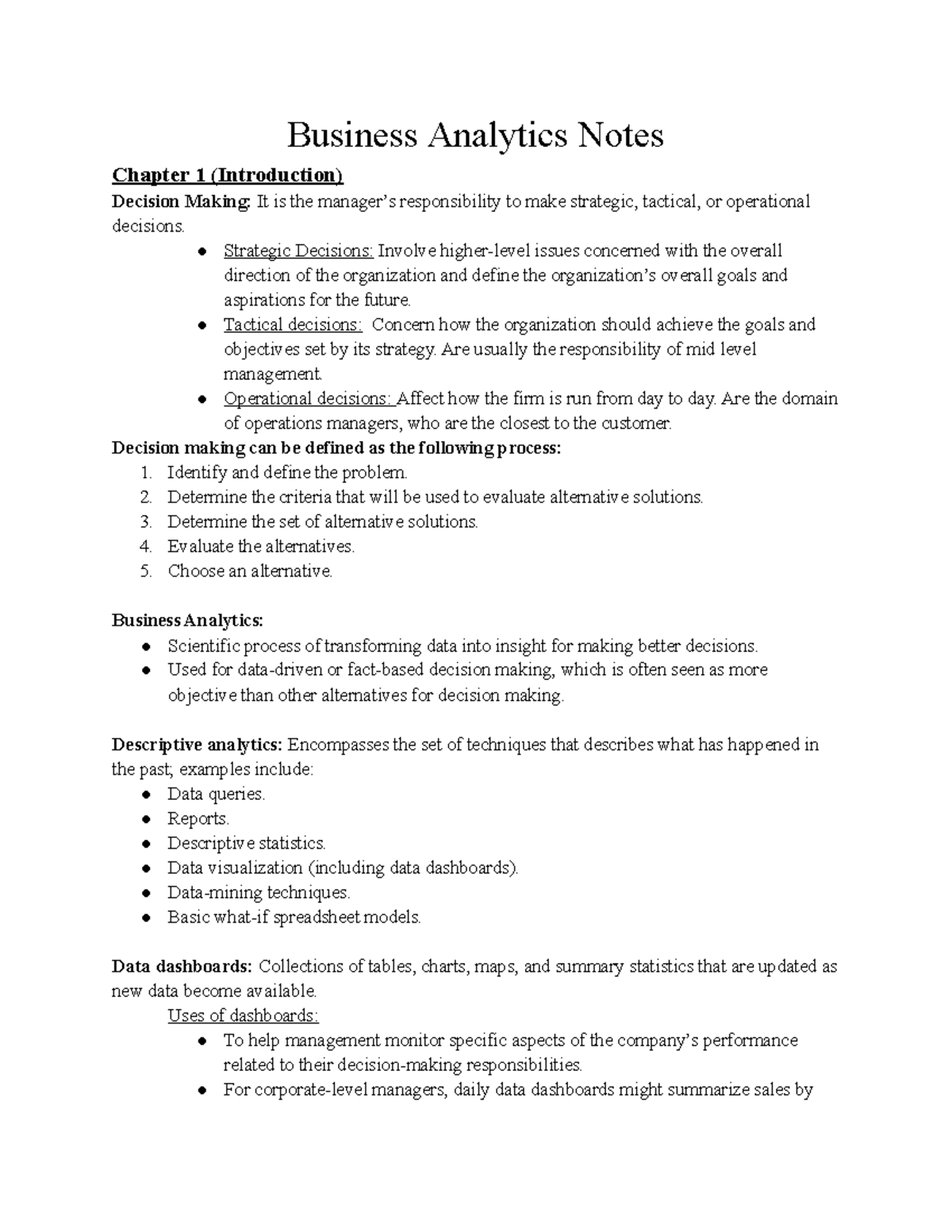 Business Analytics Notes - Business Analytics Notes Chapter 1 ...