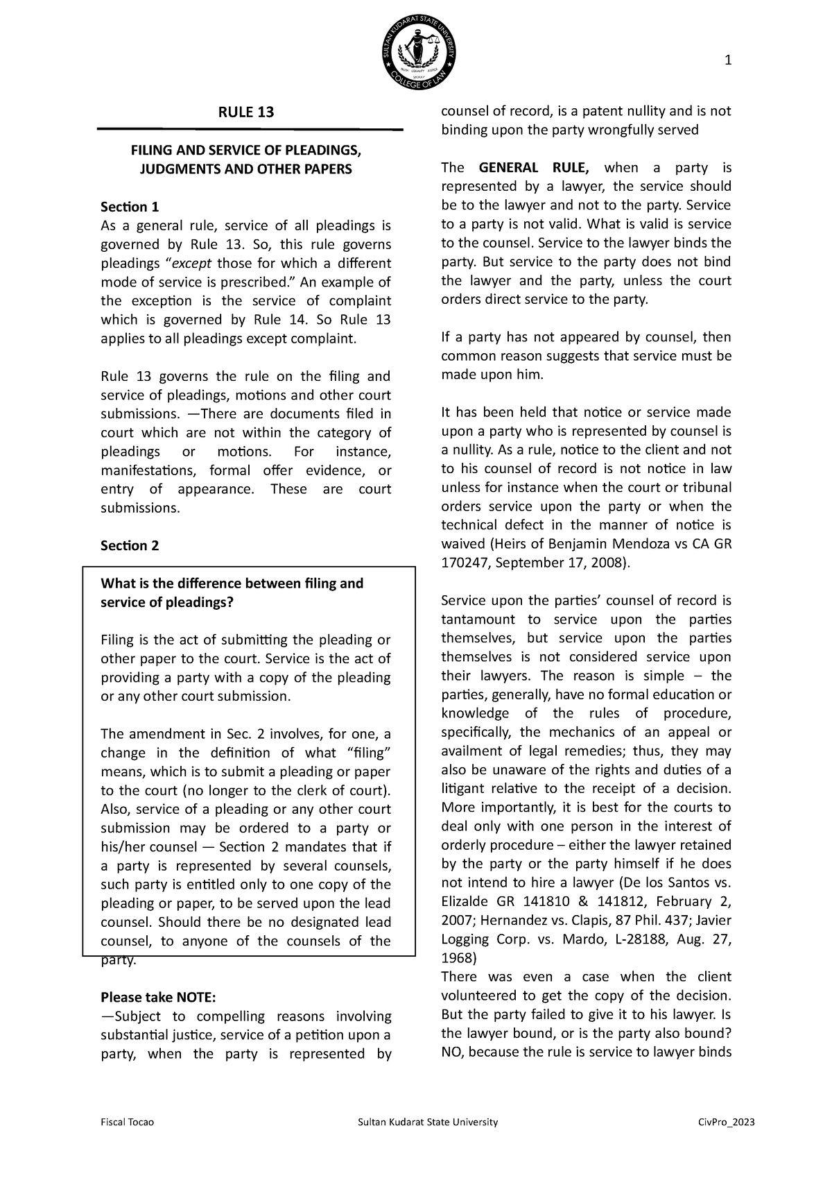 RULE 13 - ObliCon Study Material. - RULE 13 FILING AND SERVICE OF ...