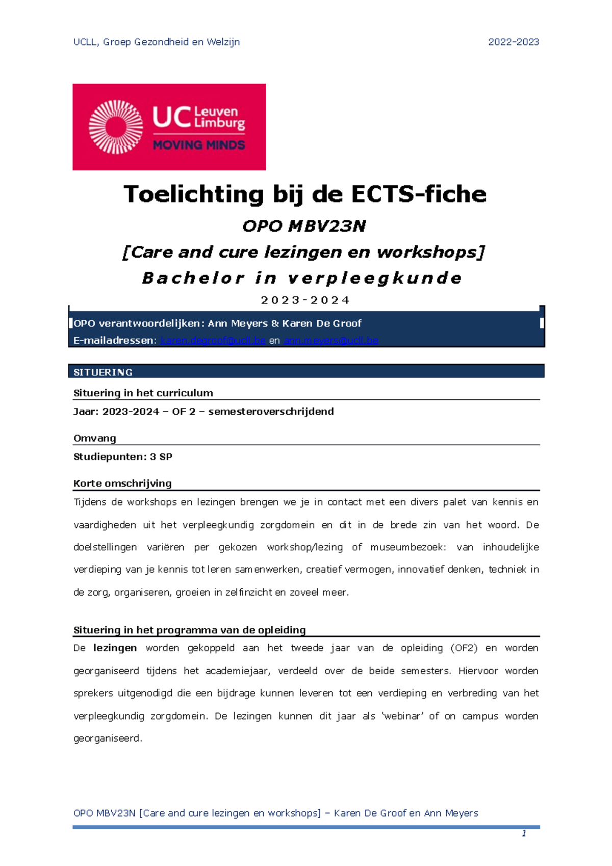 Toelichting Bij ECTS-fiche Care And Cure 2023-2024 MBV23N - OPO ...