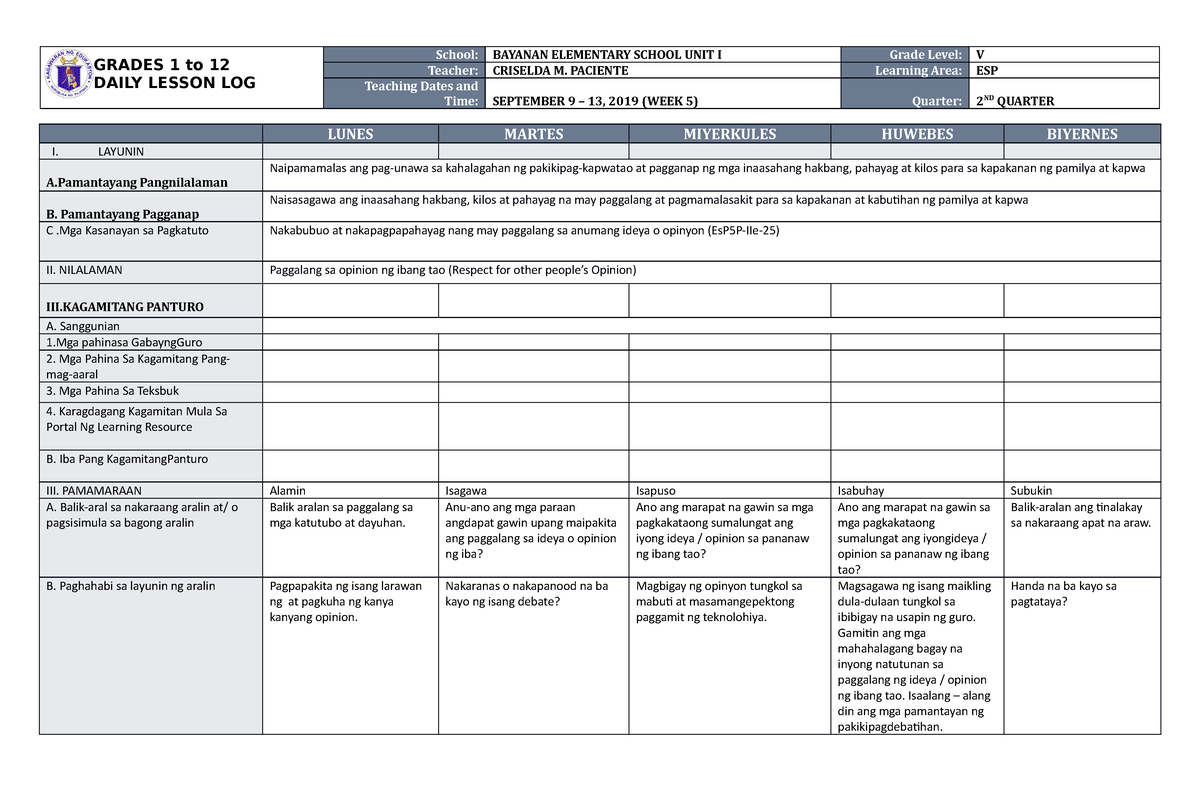 Dll Esp 5 Q1 W2 Lesson Plan Grades 1 To 12 Daily Lesson Log School Images And Photos Finder 2387