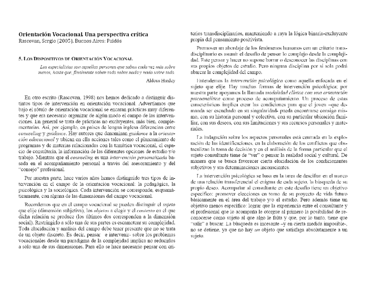 Orientacion Vocacional Una Perspectiva Critica Sergio Rascovan Pdf