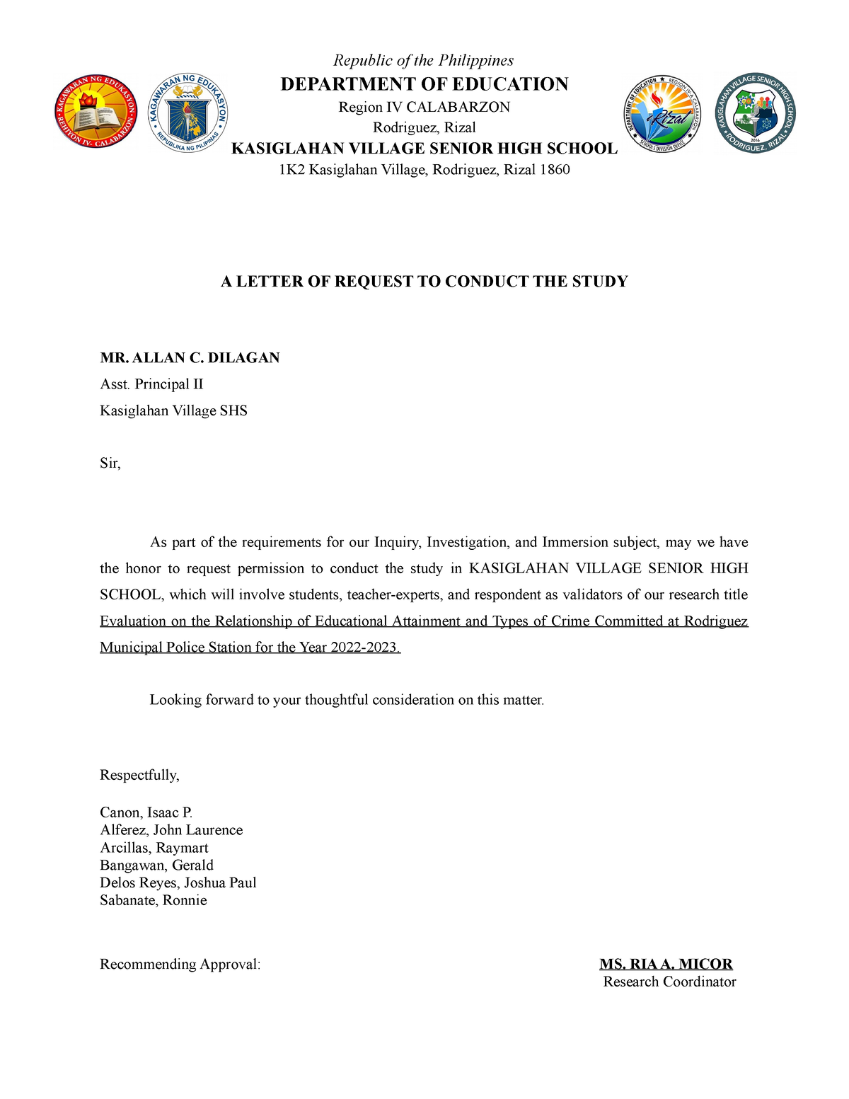 Letter Of Request - Republic of the Philippines DEPARTMENT OF EDUCATION ...