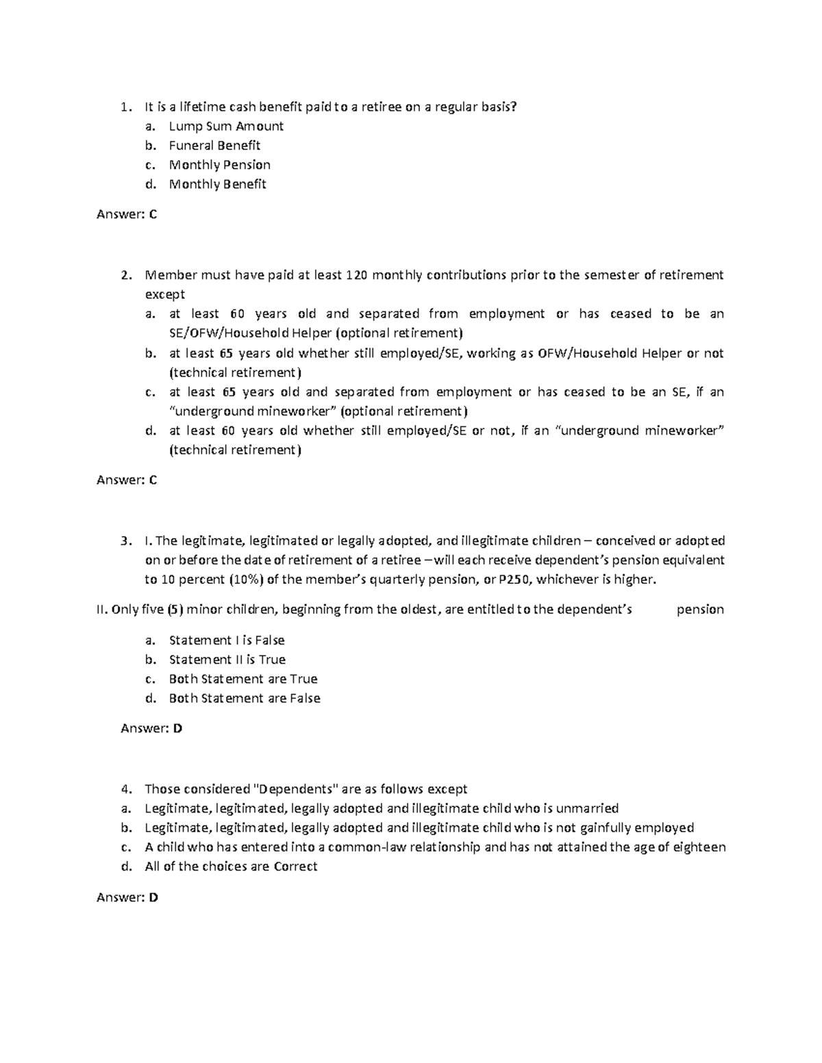 test bank questionnaires and answer (sss benefits) - Advanced Financial ...