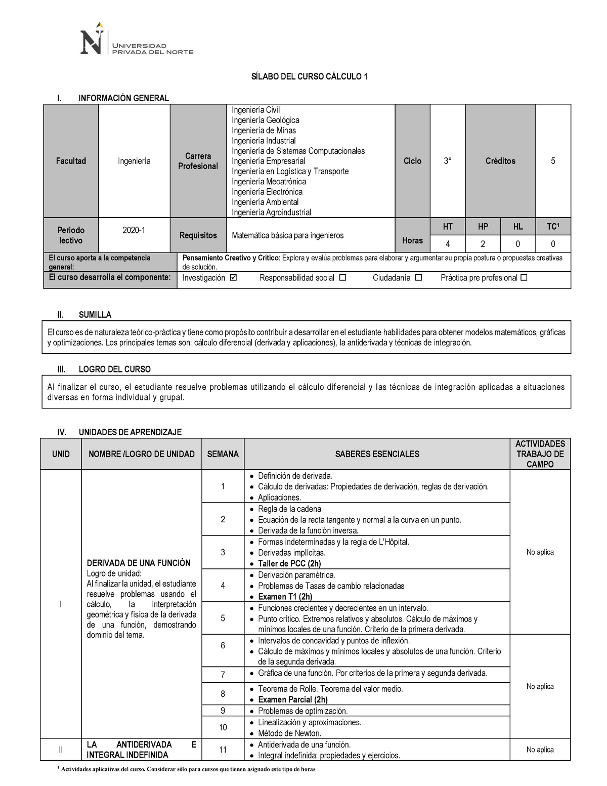 Sílabo Cálculo 1 2020 1 SÍlabo Del Curso CÁlculo 1 I InformaciÓn General Facultad Ingeniería 8365