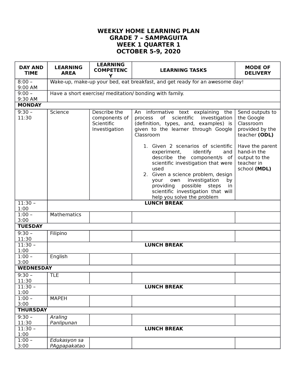 Weekly HOME Learning PLAN - WEEKLY HOME LEARNING PLAN GRADE 7 ...