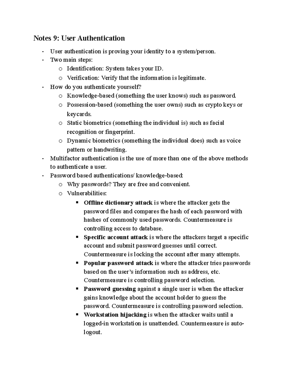Final Exam Compiled Notes - Notes 9: User Authentication User ...