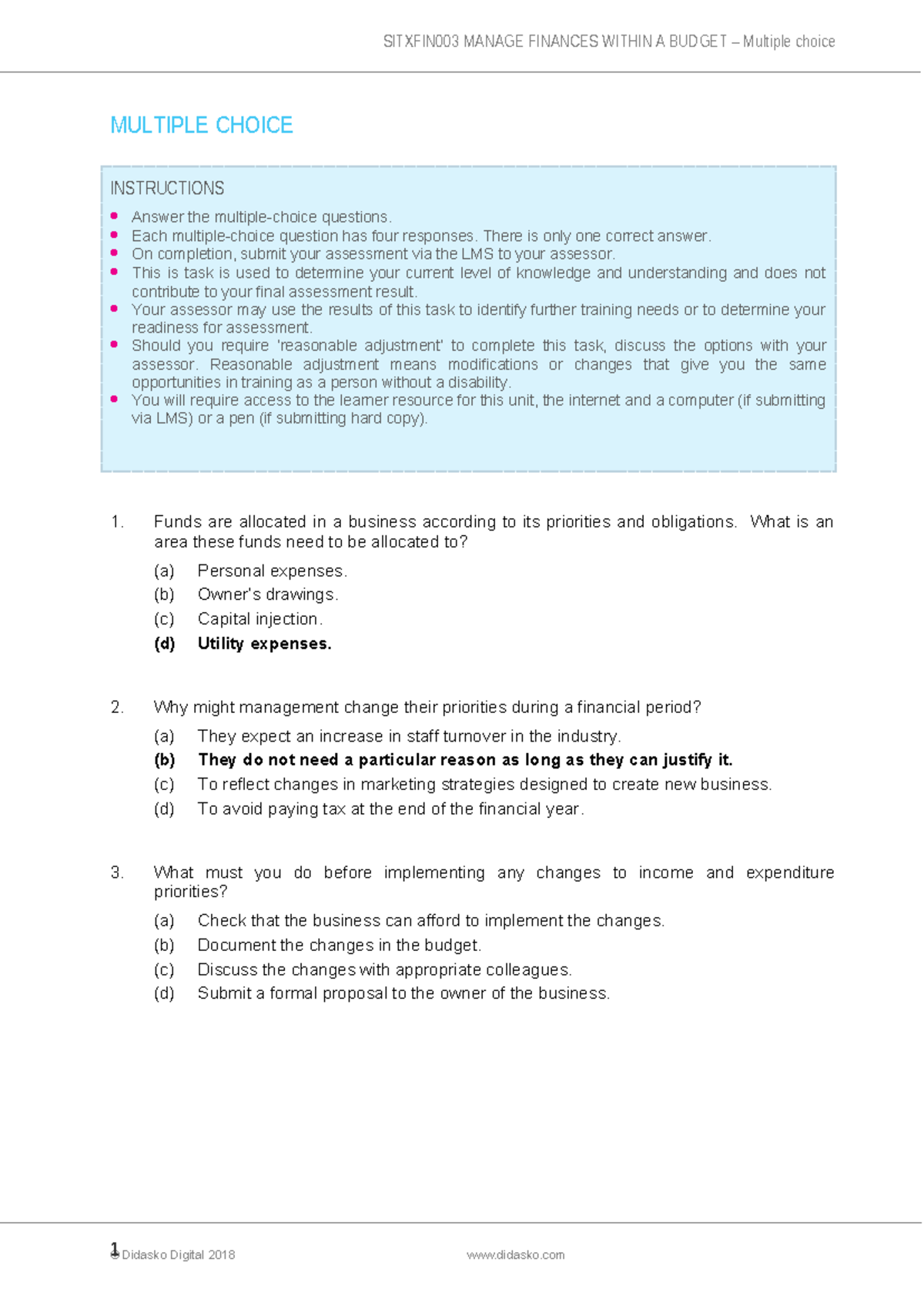 Sitxfin 003 Multiple-choice V2-1 - MULTIPLE CHOICE INSTRUCTIONS Answer ...