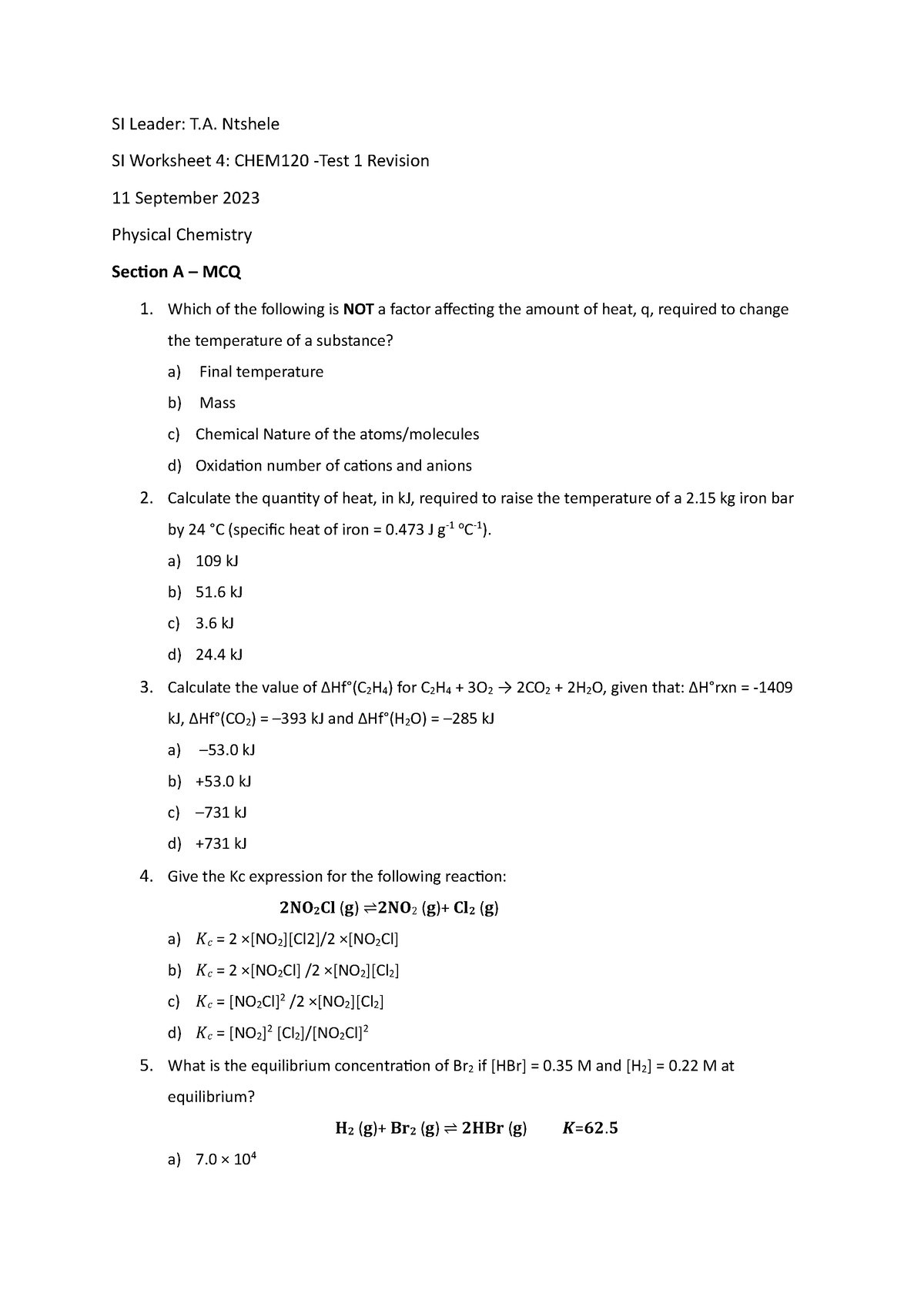 Mon. SI Session 4 - SI worksheet - SI Leader: T. Ntshele SI Worksheet 4 ...