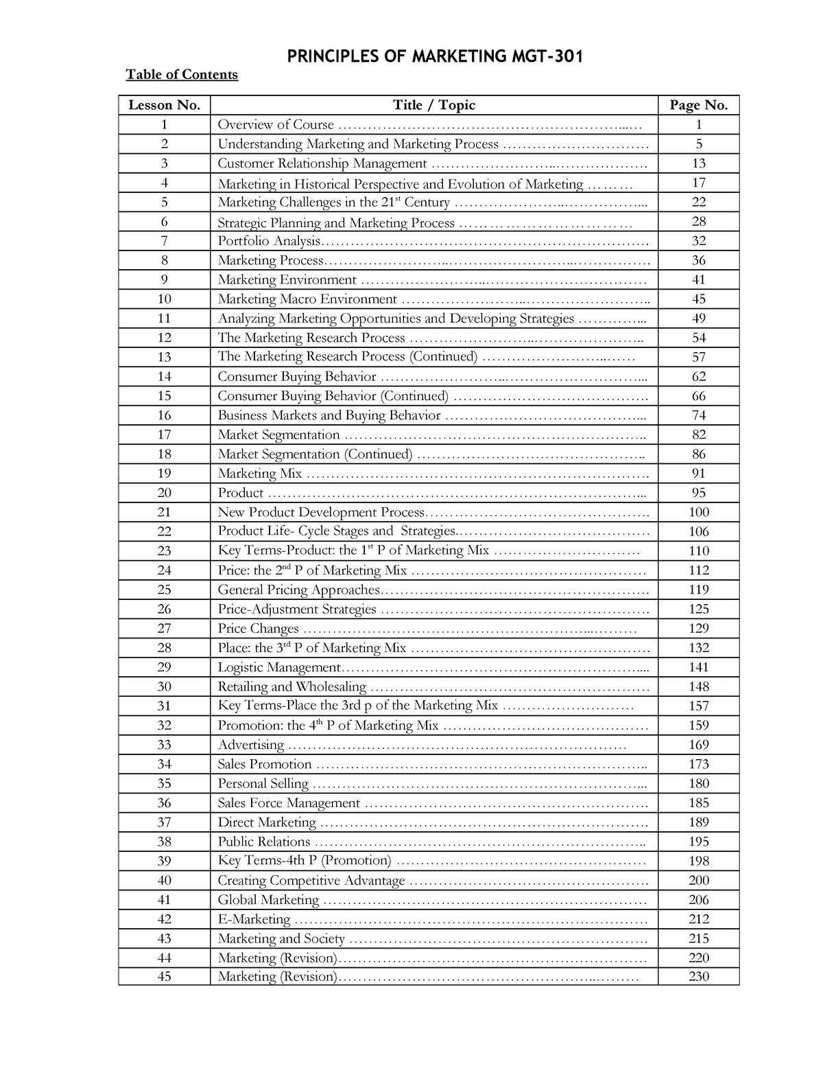 MGT301 Handouts 1 45 - Good - Table Of Contents - PRINCIPLES OF ...