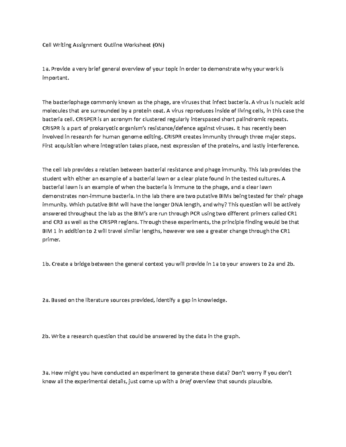 Cell Writing Assignment Outline Worksheet - Provide a very brief ...