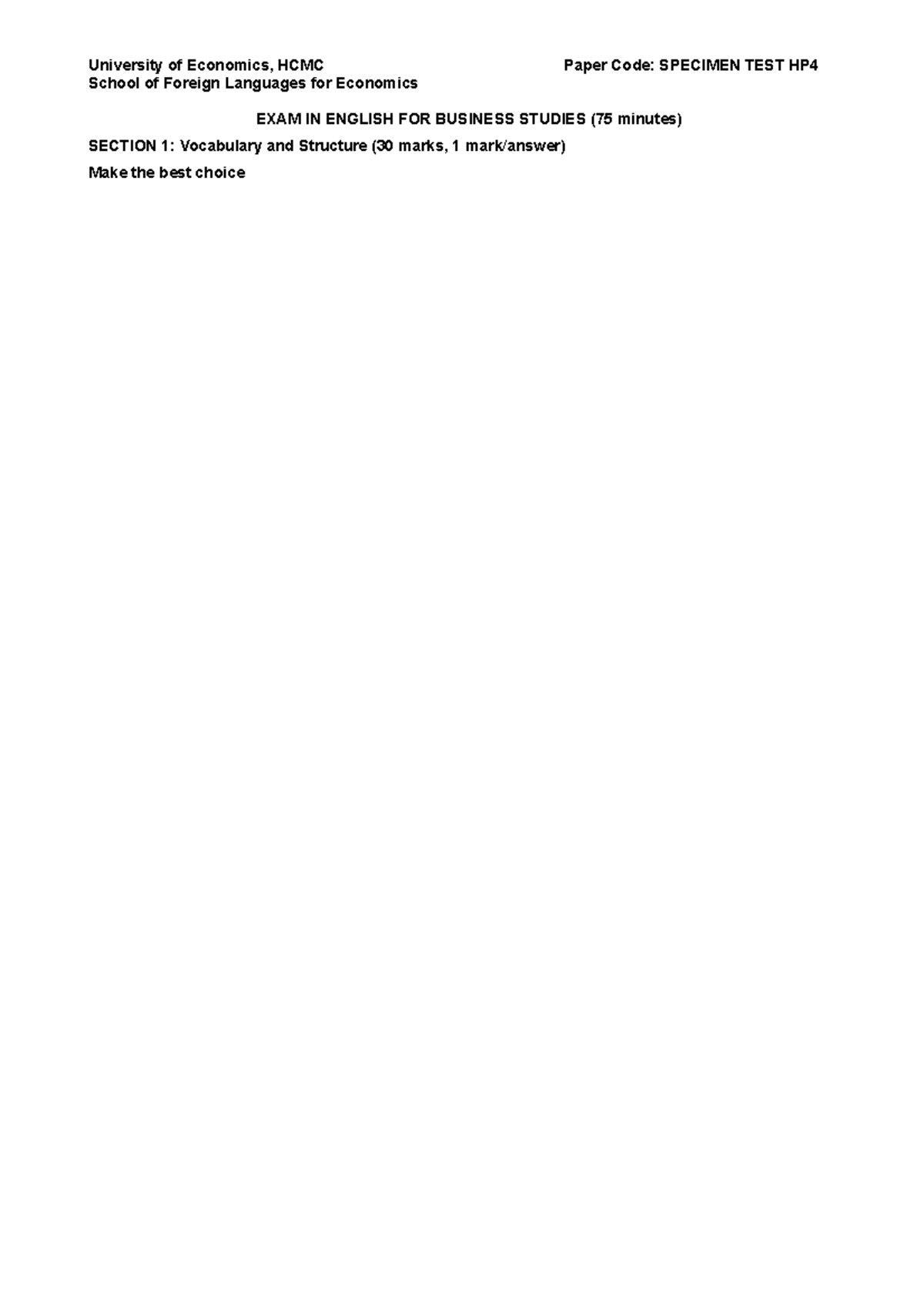 Sample TEST HP4CTTT - hhh - University of Economics, HCMC Paper Code ...
