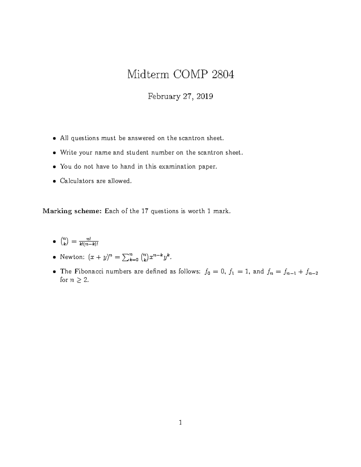 Midterm 16 October 2019, Questions - Midterm COMP 2804 February 27 ...