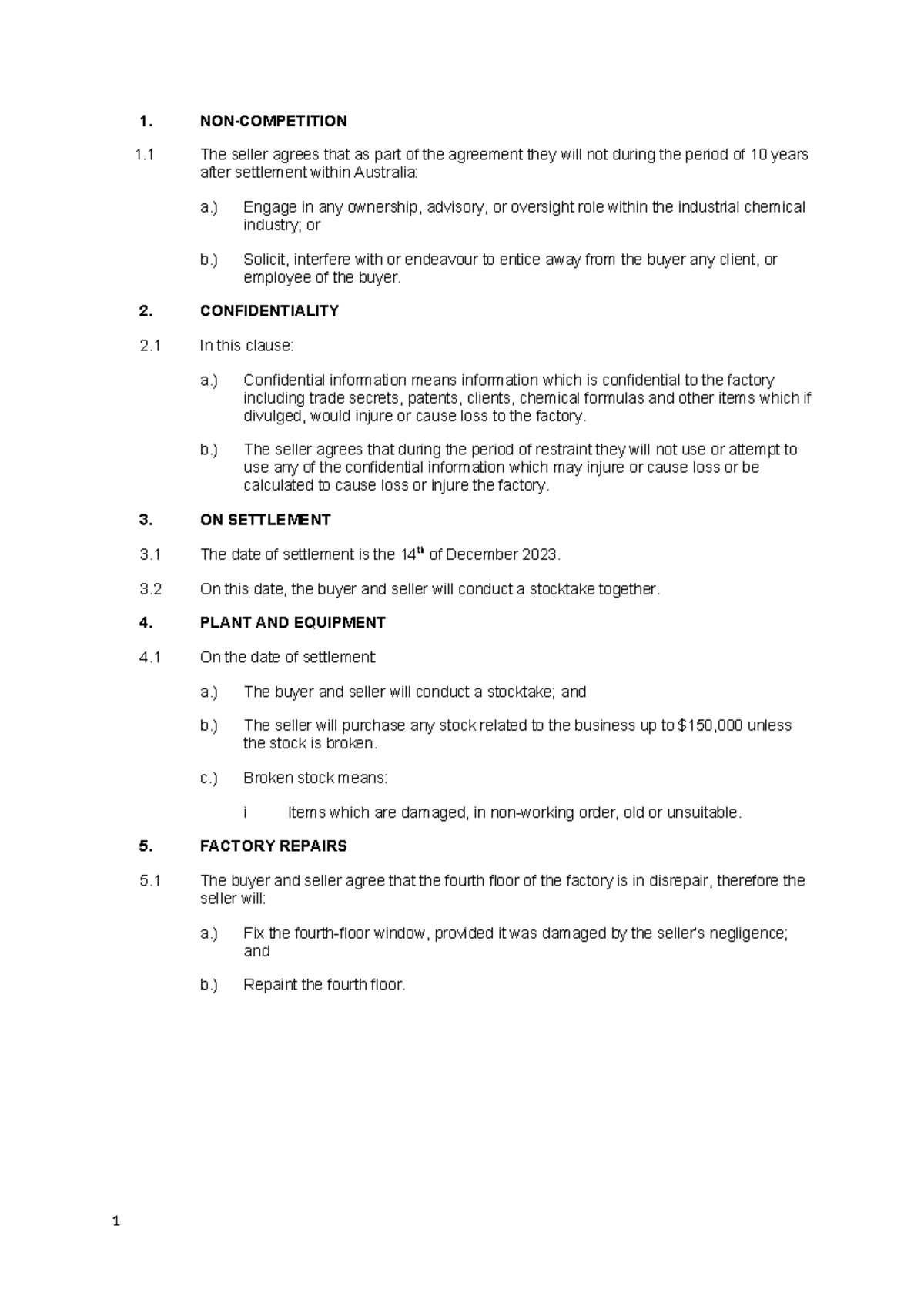 LLB202 Drafting Task B - Task B - 1. NON-COMPETITION 1 The seller ...