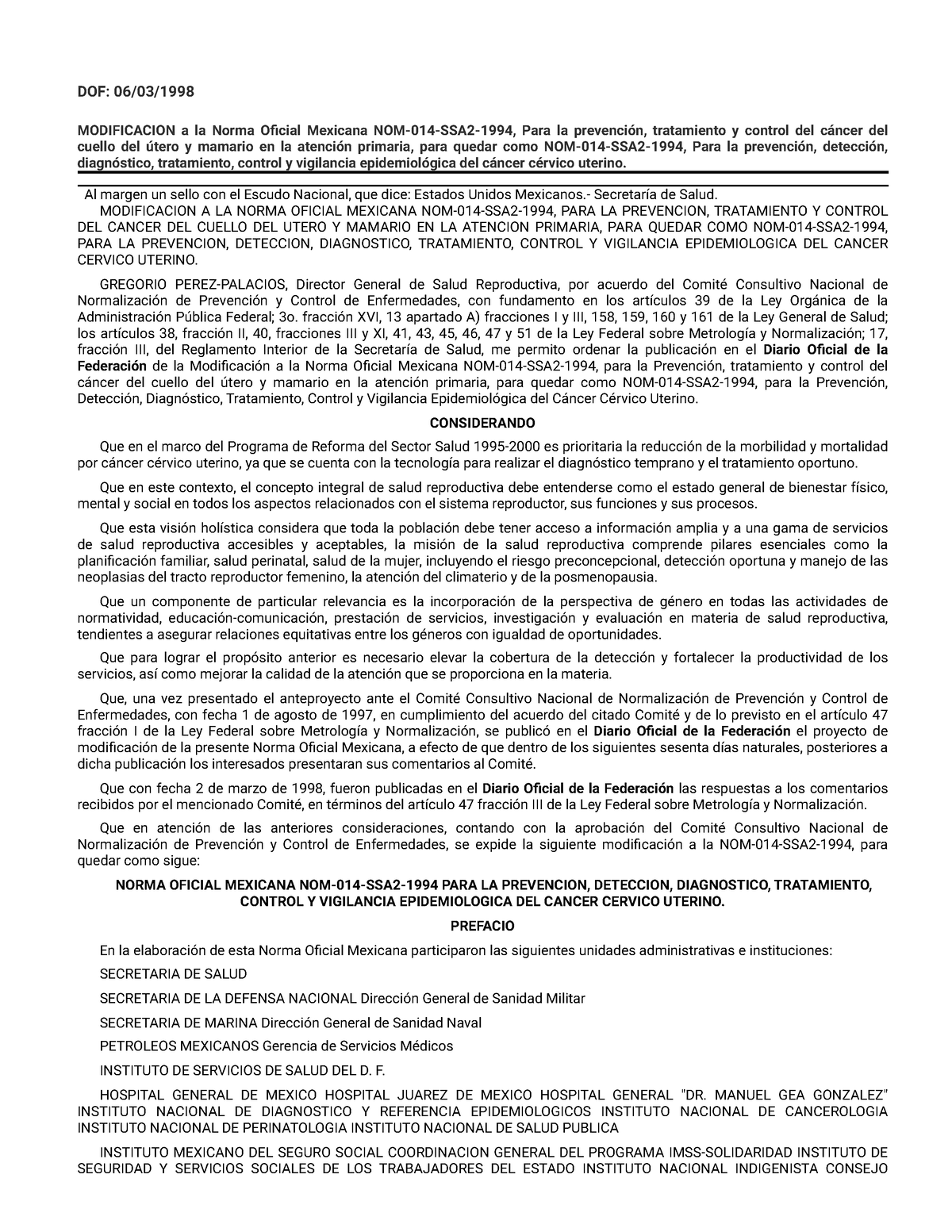 DOF - Diario Oficial De La Federación - DOF: 06/03/ MODIFICACION A La ...