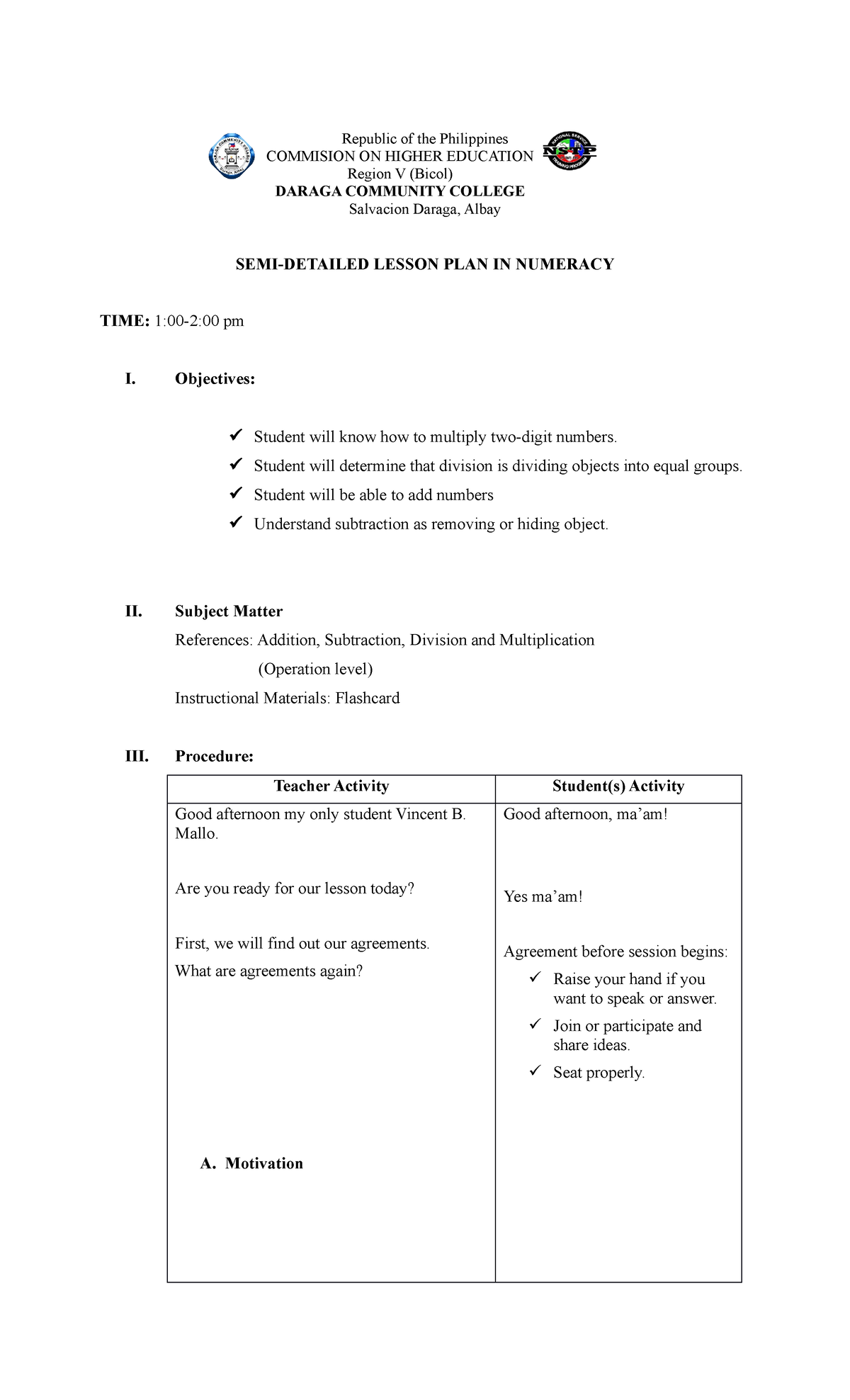 Lessson Planfor Numeracy - Republic of the Philippines COMMISION ON ...