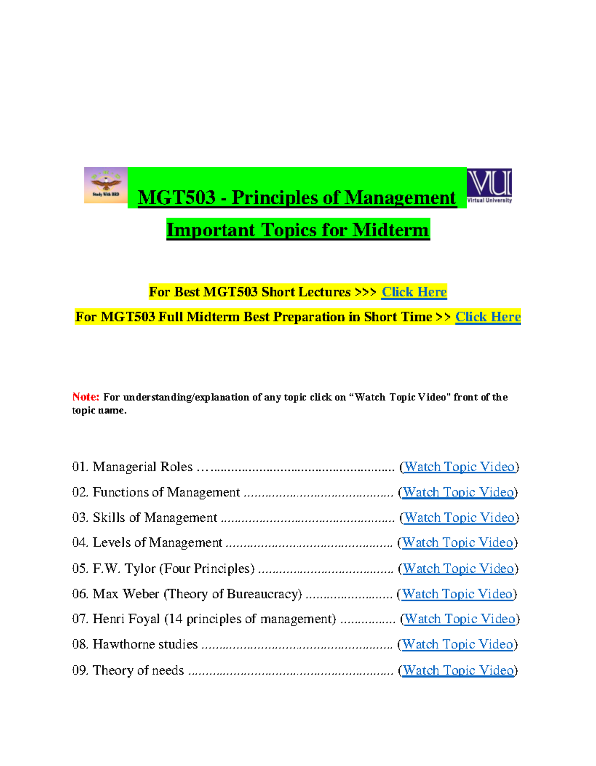 MGT503 Full Midterm Preparation In Short Time - MGT503 - Principles Of ...