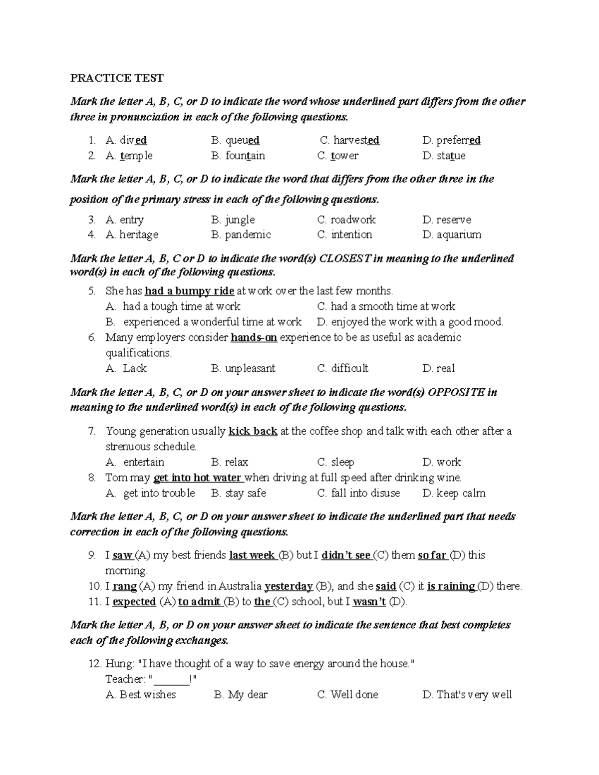 Practice 10 2324 - PRACTICE TEST Mark The Letter A, B, C, Or D To ...