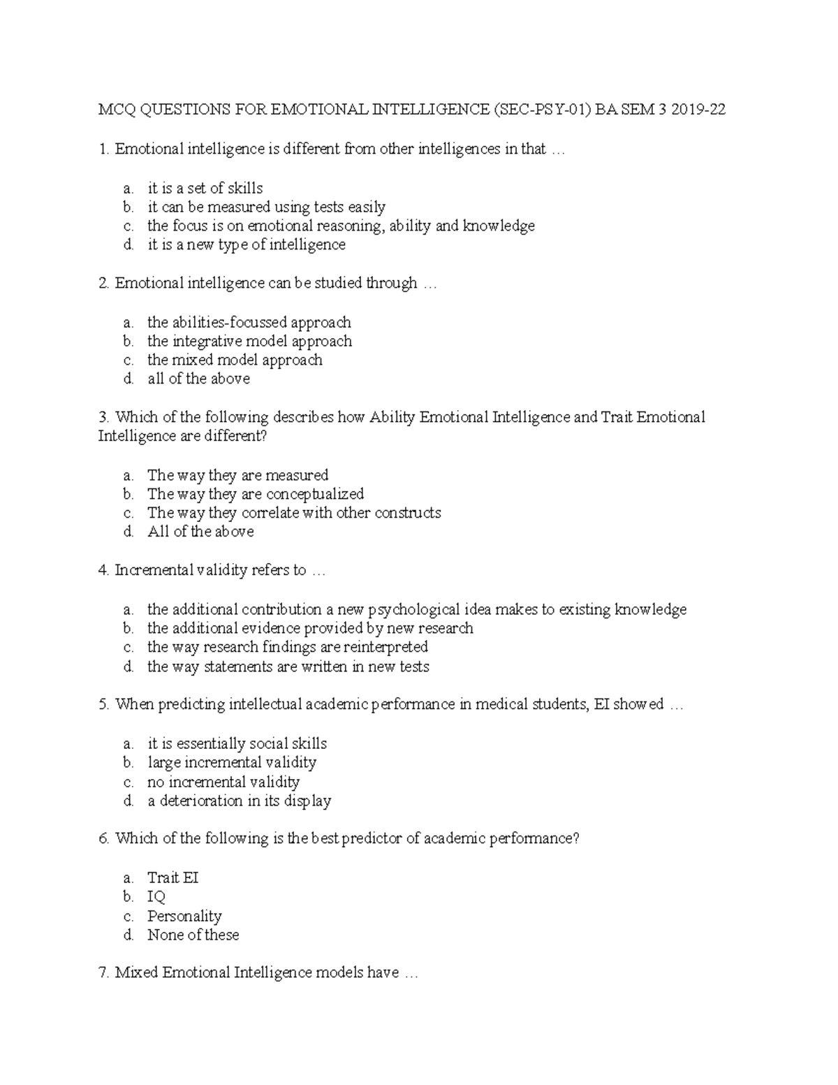 MCQ Questions FOR Emotional Intelligence (SEC-PSY-01) BA SEM 3 2019-22 ...