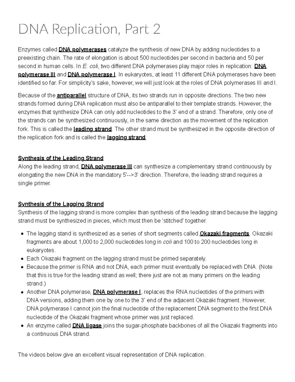 DNA Replication, Part 2 Gen Biology Intro to the Cell - Spring 2019 ...