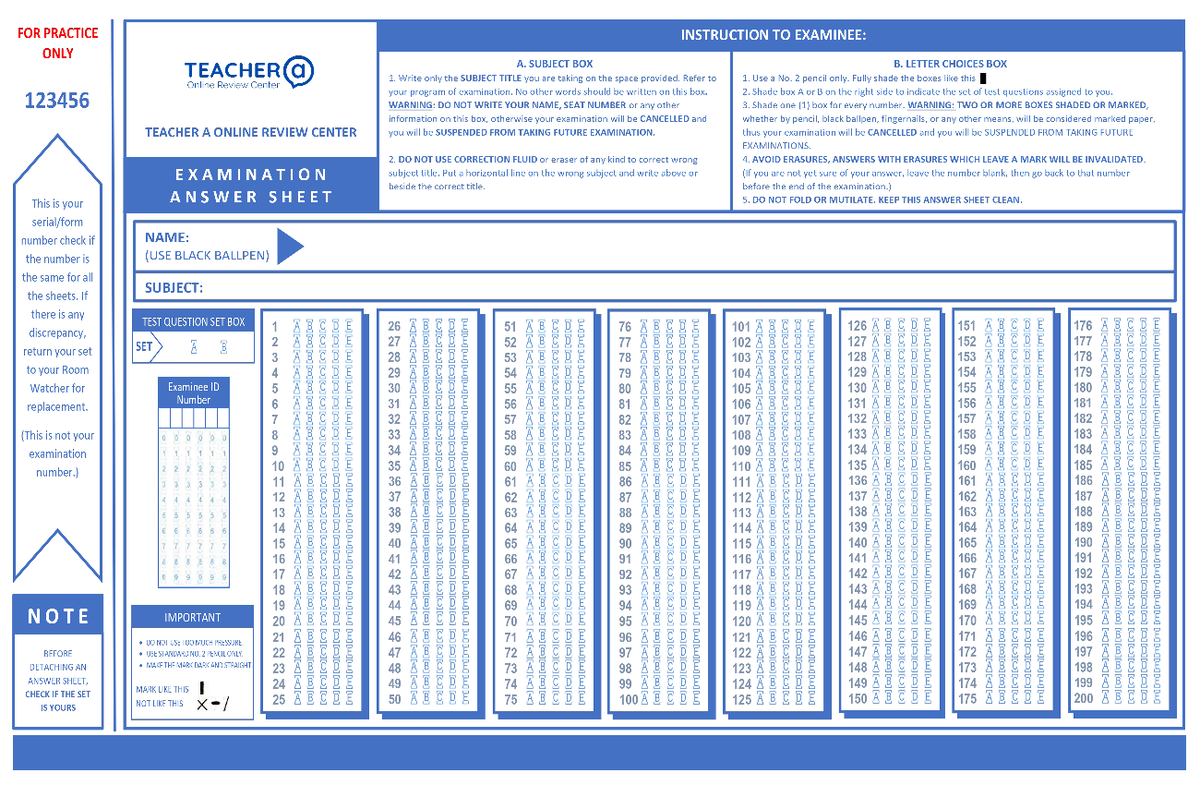 Answer Sheet 200 Items - EDUC - Professional Teaching - Studocu