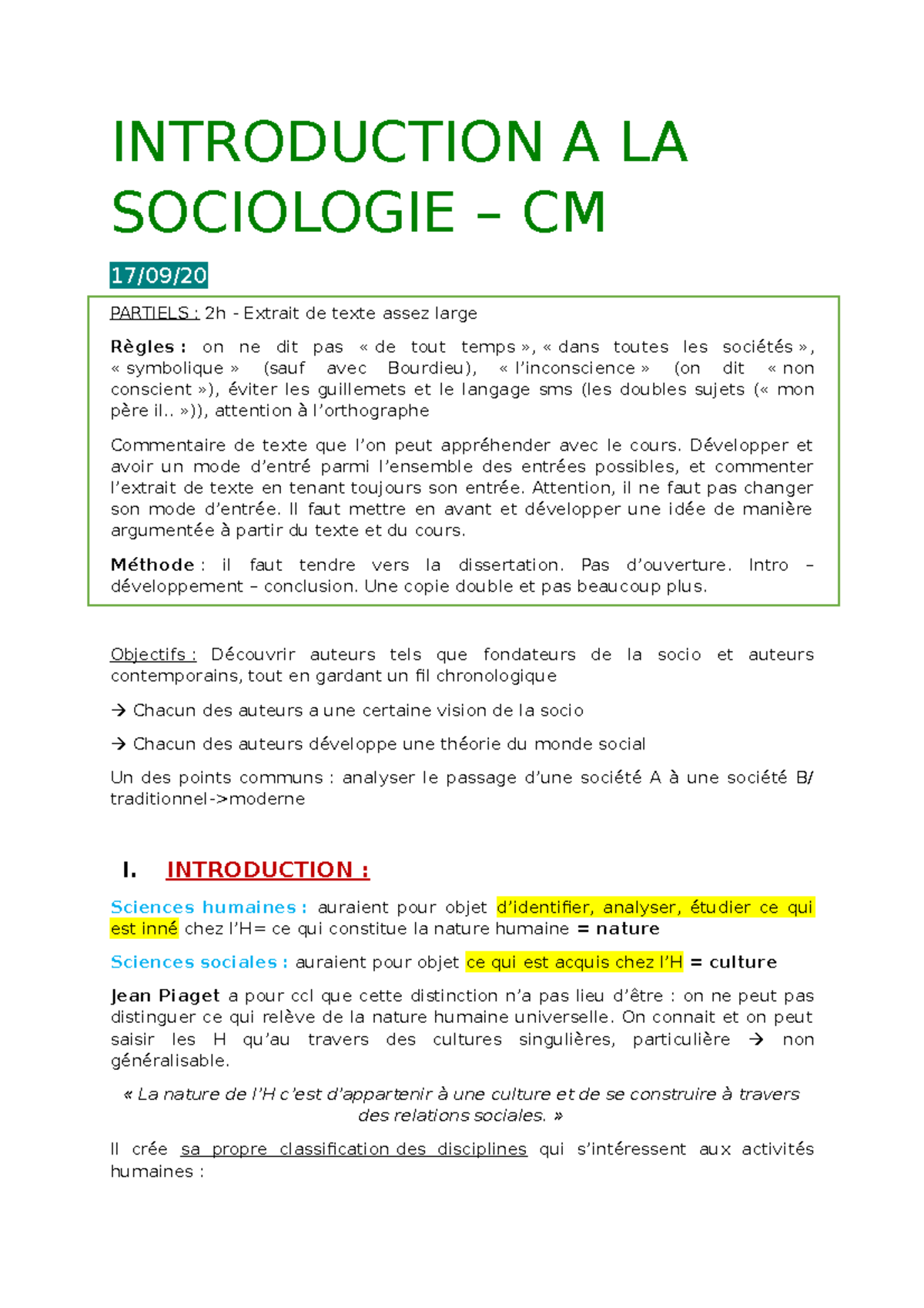 CM Socio - INTRODUCTION A LA SOCIOLOGIE – CM 17/09/ PARTIELS : 2h ...