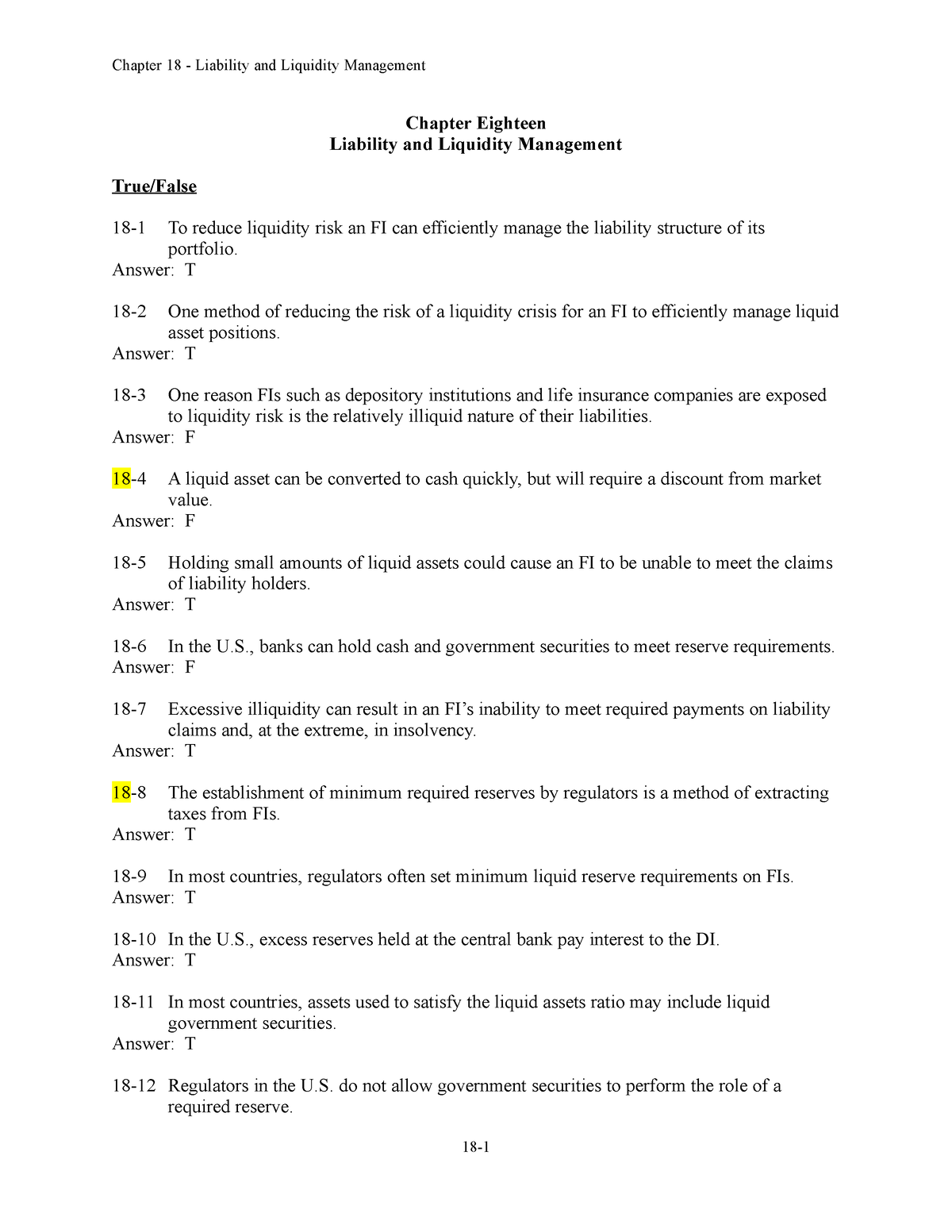 Chap018 - Chapter Eighteen Liability And Liquidity Management True ...