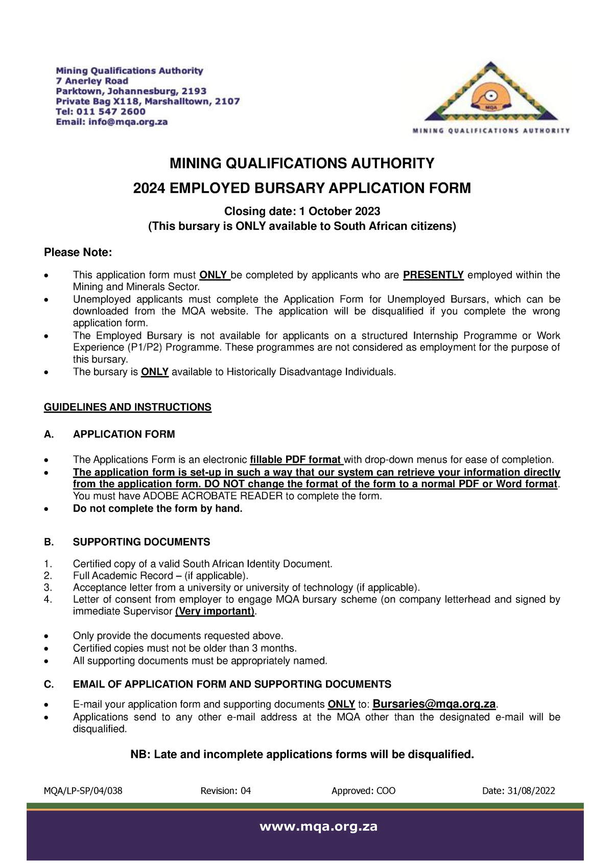 2024 Employed Bursary Application Form - MQA/LP-SP/04/038 Revision: 04 ...