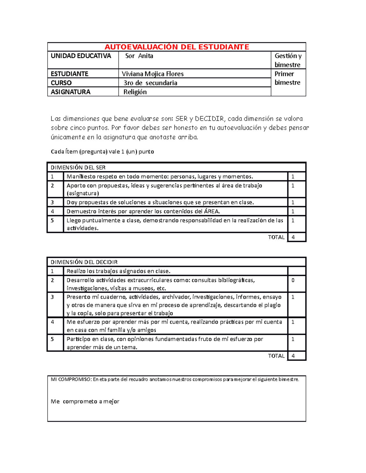 autoevaluación del estudiante de secundaria