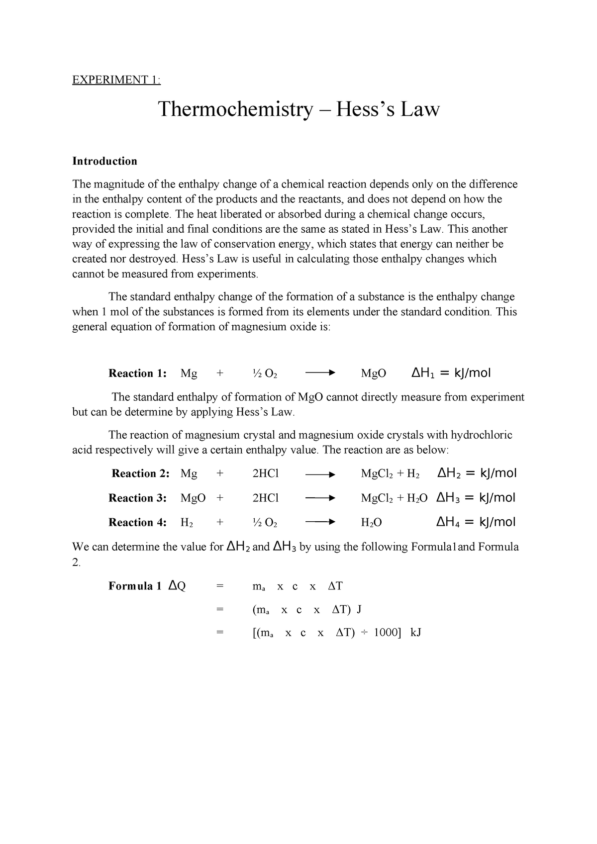 experiment 1 thermochemistry lab report